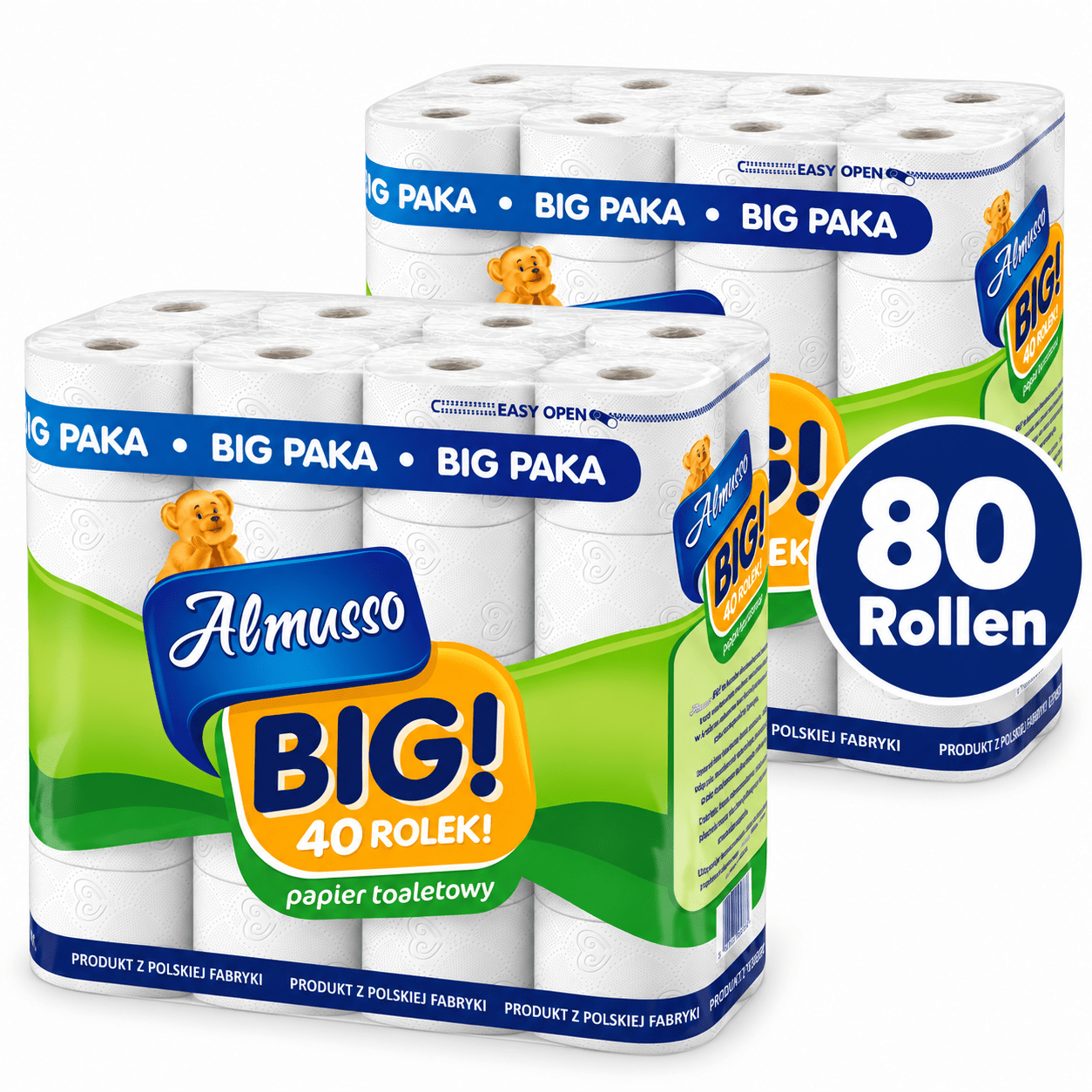 TEMU BIG Toilettenpapier 80 Rollen – 3-lagiges WC-Papier aus 100 % Zellulose – Großpackung 2 × 40 Rollen – 105 Blätter je Rolle – Weiß, ohne Duft &