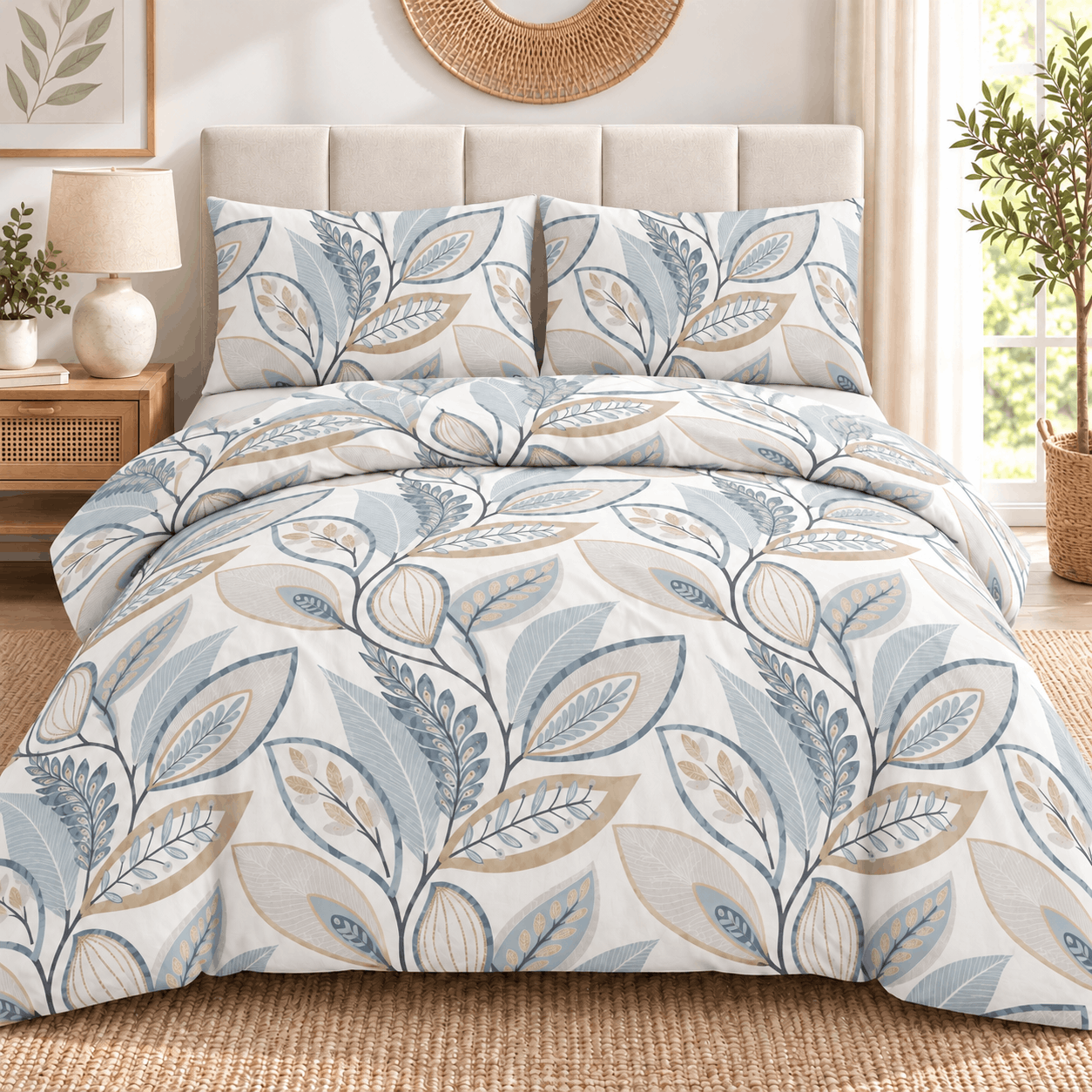 TEMU Juego de Nórdica Botánico Hojas Azul y Dorado con Bajera Ajustable 30cm, Juego Ropa Cama Completo con Fundas de Almohada, y Elegante, Cremallera