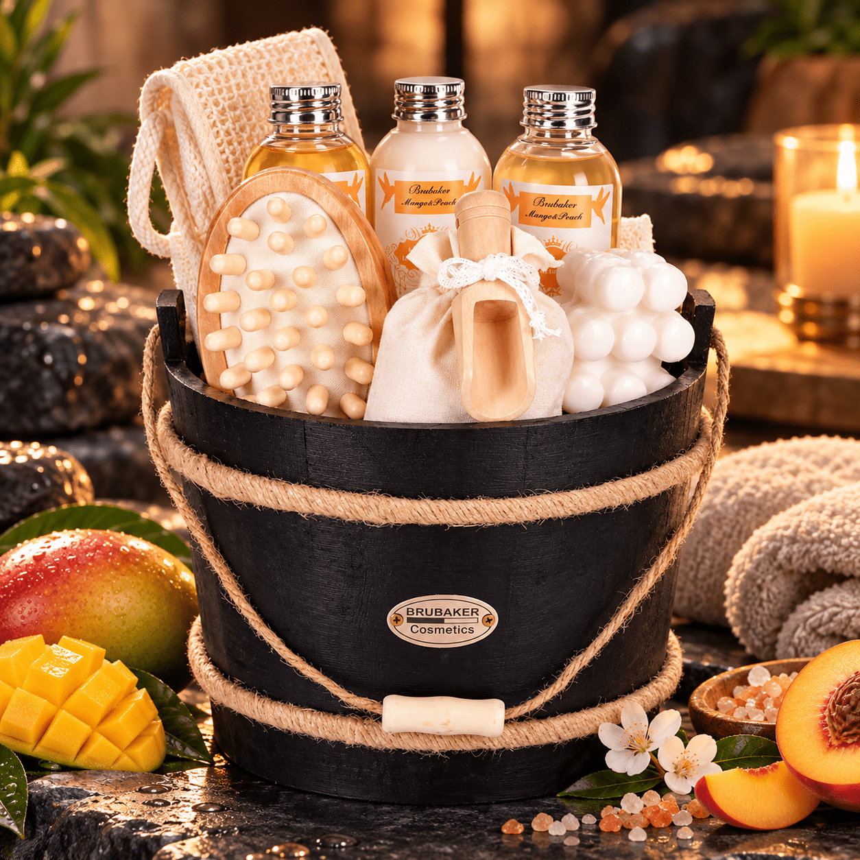 Image of Brubaker Cosmetics Wellness Bath Set - Mango Peach - 9-piece Gift Set With Care And Massage Accessories In A Decorative Bathtub