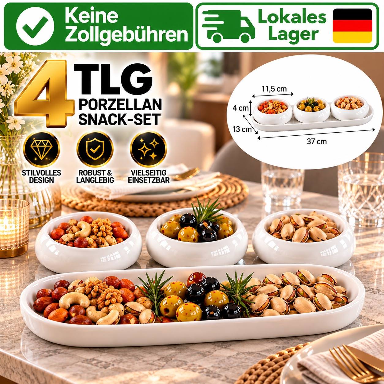 TEMU Porzellan Snackschalen-Set, 4-teilig – 3 weiße Snackschalen mit großer Servierplatte 37 × 13 cm – Hochwertiges Servierset für Nüsse, Oliven,