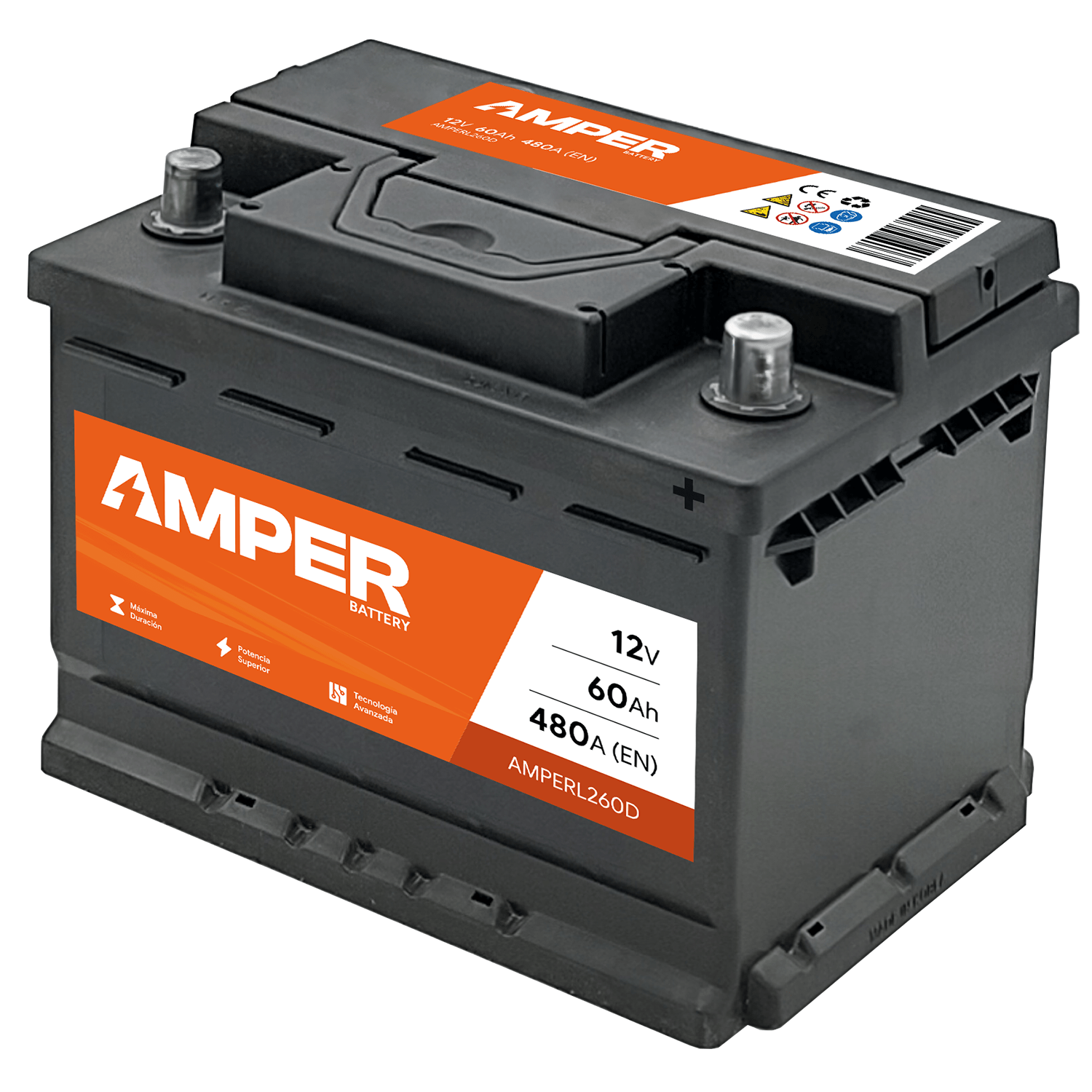 TEMU AMPER Bateria de Coche 12V 60Ah 480A, Borne + Derecha, 3 Años de Garantía, 242 x 175 x 190mm