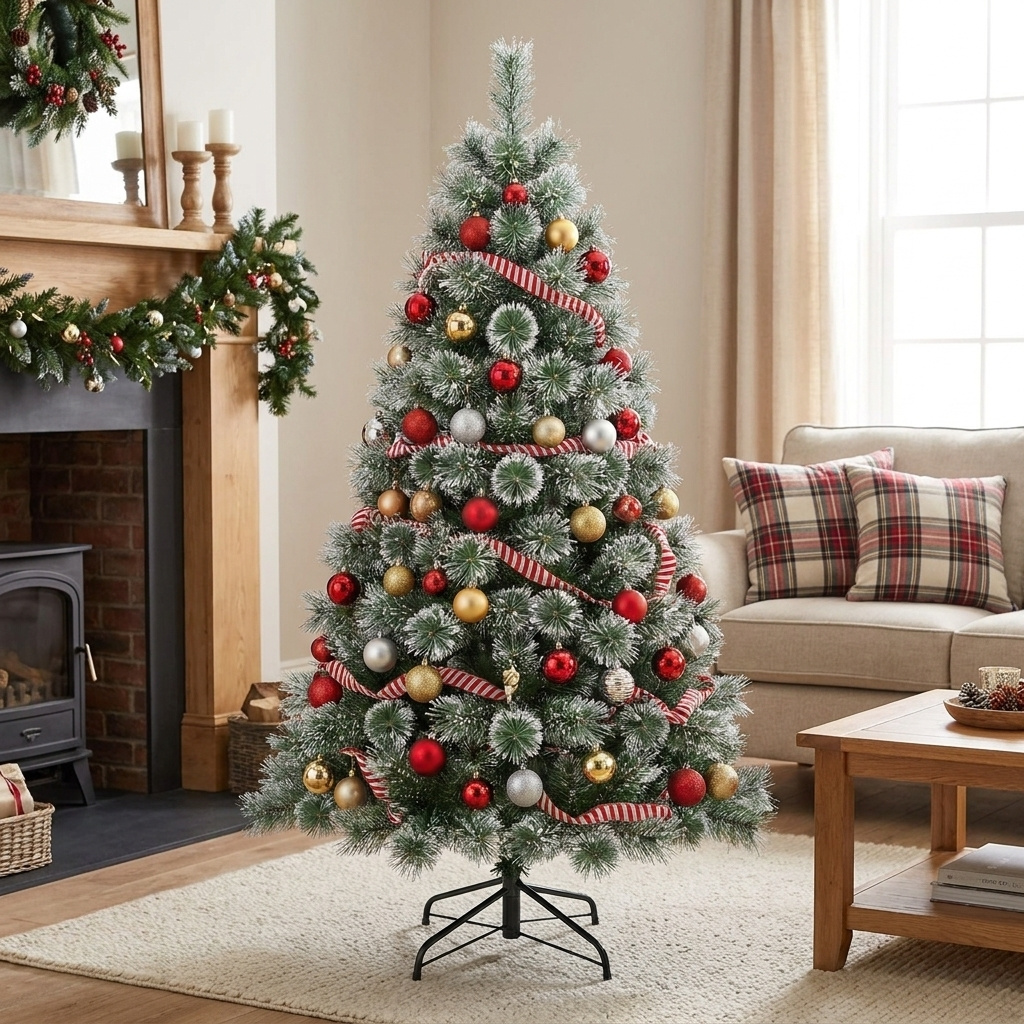 TEMU Árbol de Navidad Nevado Artificial de Agujas de Pino – Abeto Navideño con Ramas Densas, Efecto Nieve Realista y Base Metálica Estable para