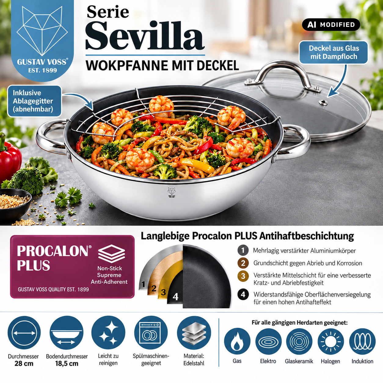 Image of Voss Sevilla Stainless Steel Wok With Lid And Rack, 28 Cm, Includes Glass Lid + Rack, Serving Pan, Frying Pan, Induction-compatible Wok