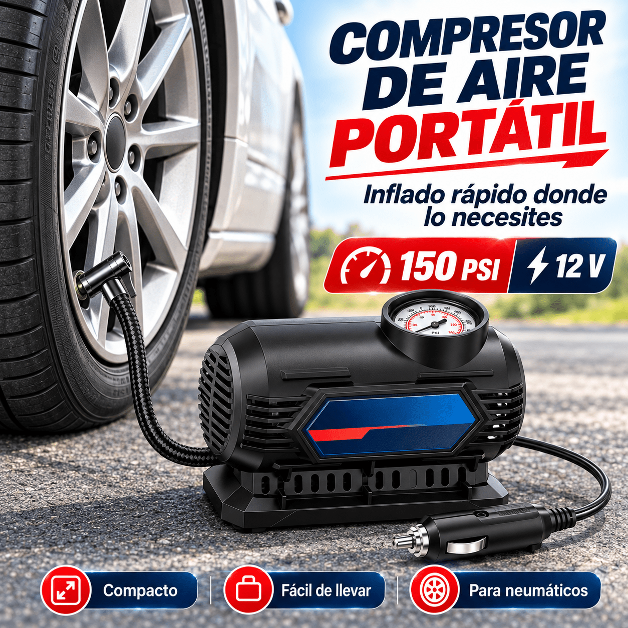 TEMU Compresor de Aire Portátil de 12 V para Coche, Inflador de Neumáticos de 150 PSI con Manómetro, Manguera Flexible, Cable de 3 m y 5 Accesorios,