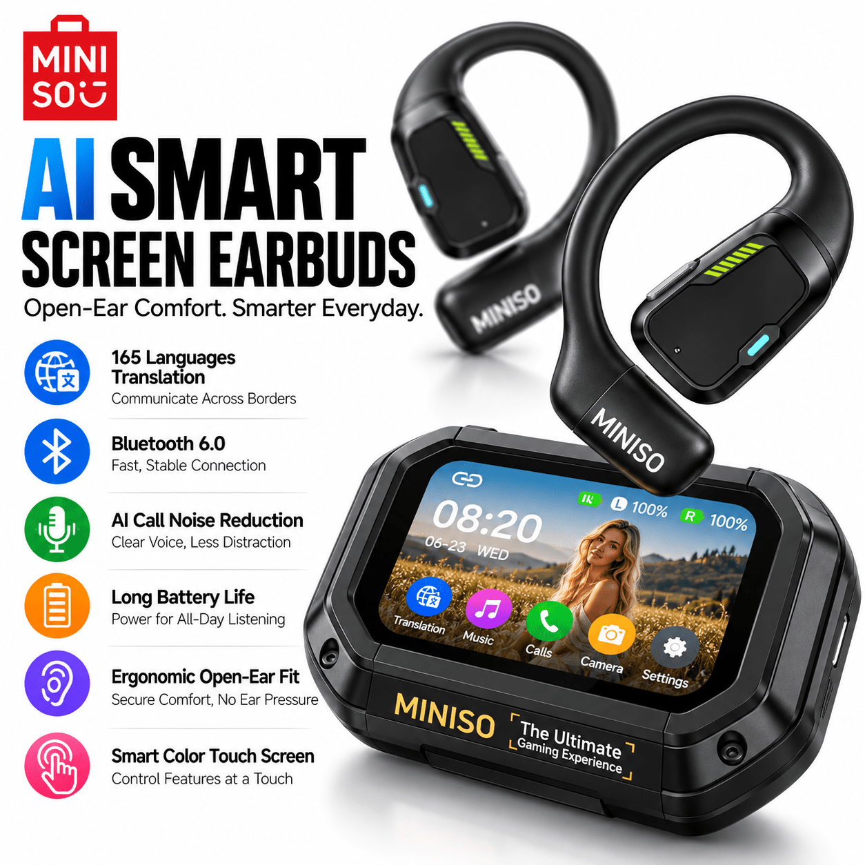 TEMU MINISO M98 KI-Übersetzung in , kabellose Ohrhörer, Touchscreen-Bluetooth-Kopfhörer, unterstützen 135 Sprachen, 35 Stunden mit eingebautem
