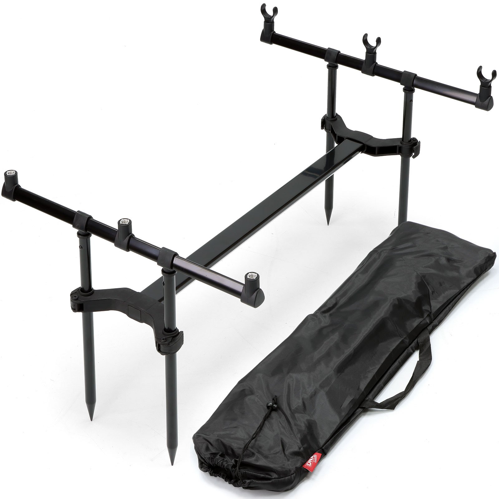 TEMU Carp Fishing 3 Rod Pod, Aluminium Stand With Adjustable Height Banksticks, 2 Bars, 3 U-shaped Rod Rests & Carry Bag, Black Anodised Finish