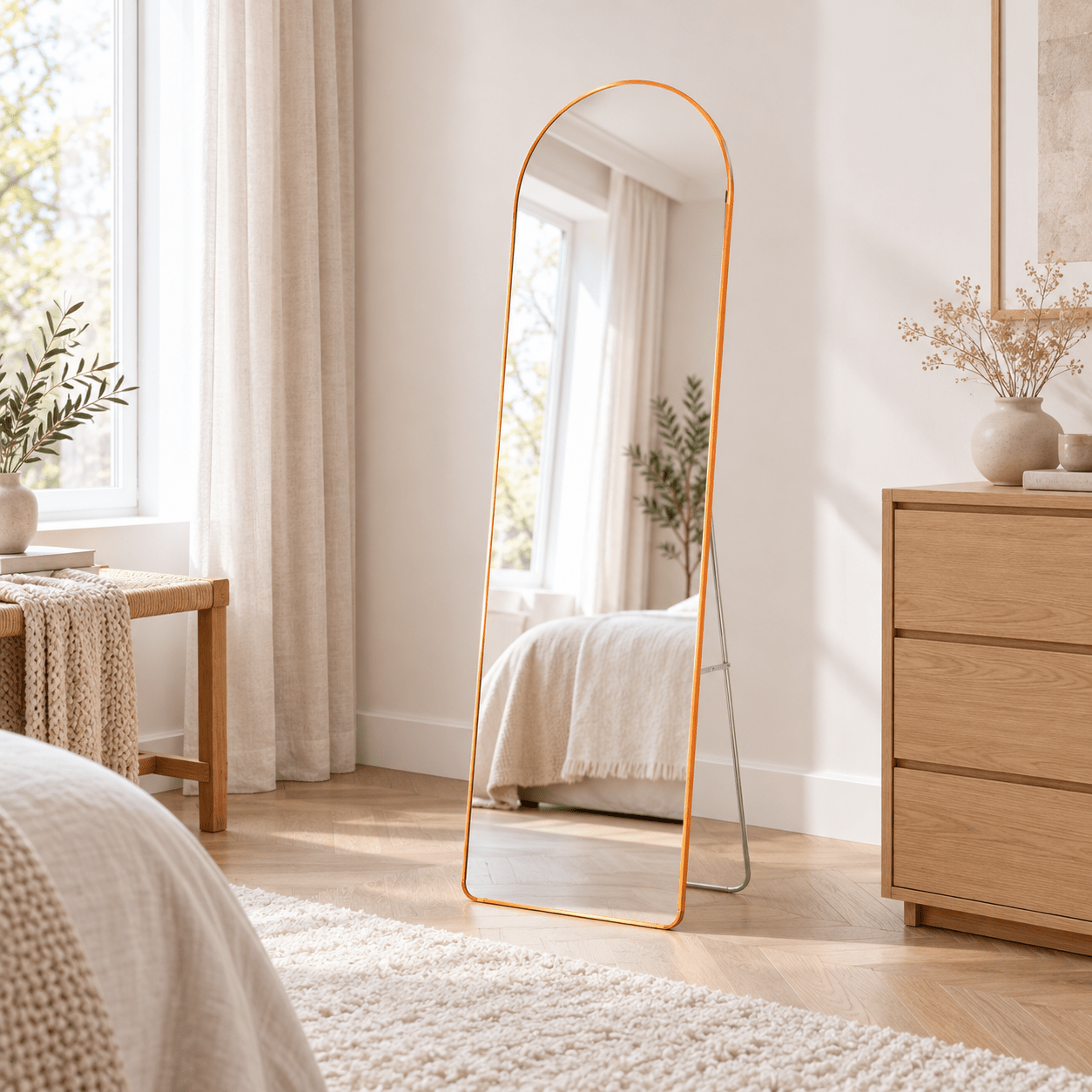 TEMU Full Length Mirror With Stand – Arched Floor Mirror – 158x47.5 Cm – Gold Metal Frame – Freestanding Full Body Mirror – Rounded Corners – Bedroom