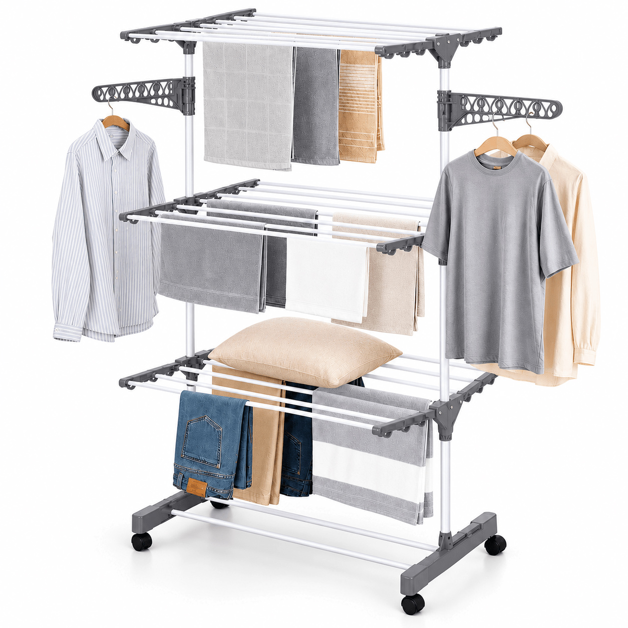 TEMU Tendedero Vertical Plegable de 3 Niveles con Ruedas, Brazos para Perchas, Gran Capacidad, para Ropa y Toallas, Ideal para Interior, Azul o