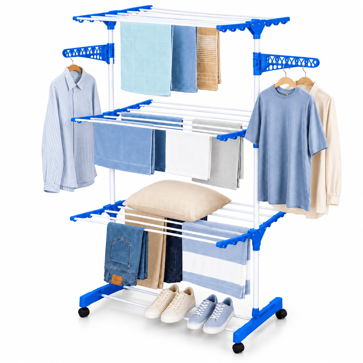 TEMU Tendedero Vertical Plegable de 3 Niveles con Ruedas, Brazos para Perchas, Gran Capacidad, para Ropa y Toallas, Ideal para Interior, Azul o