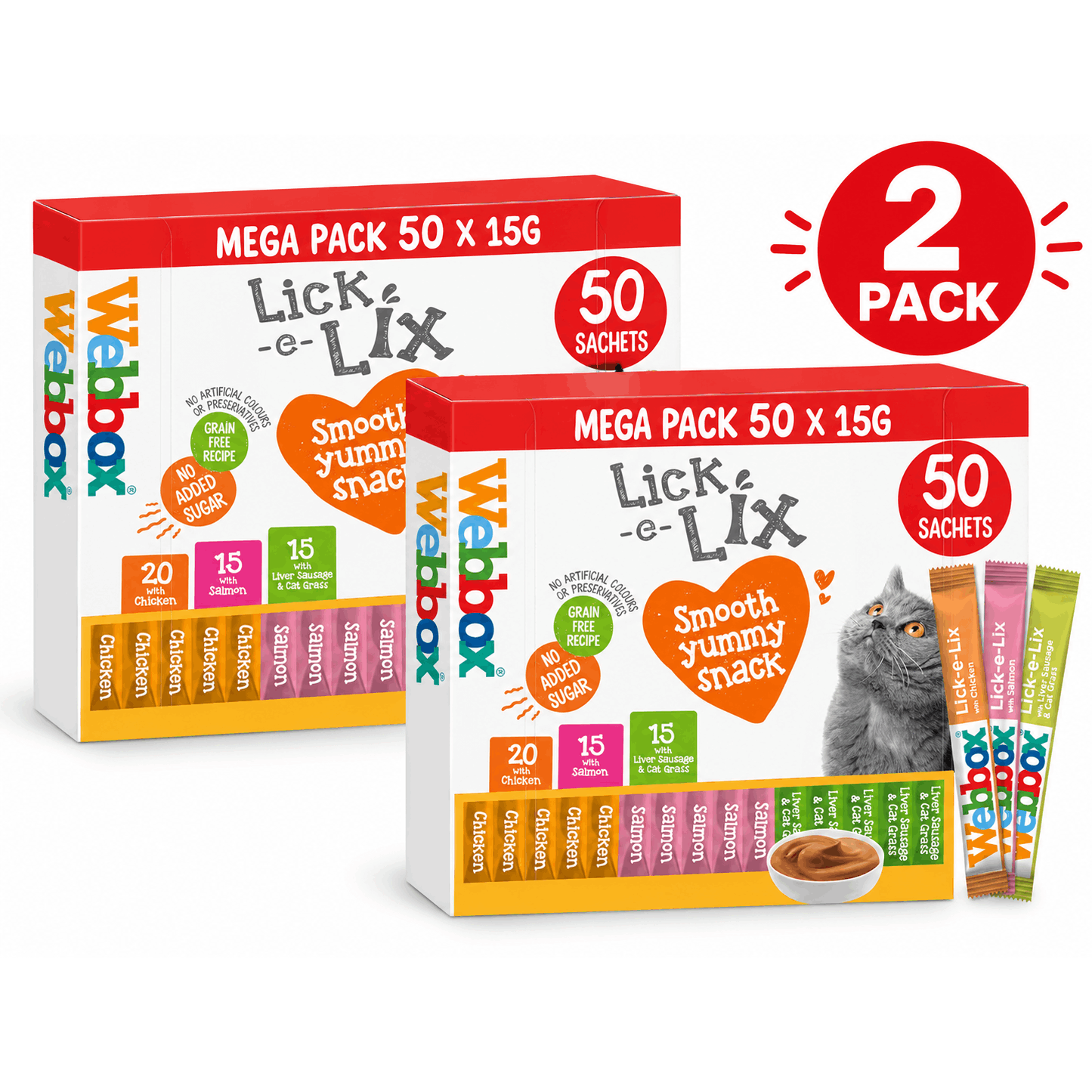 TEMU Webbox Lick- Cat Treat Mega Pack Chicken & Salmon 15g (pack Of 100) | 2 X 50 Sachets | Creamy Lickable Cat Treats