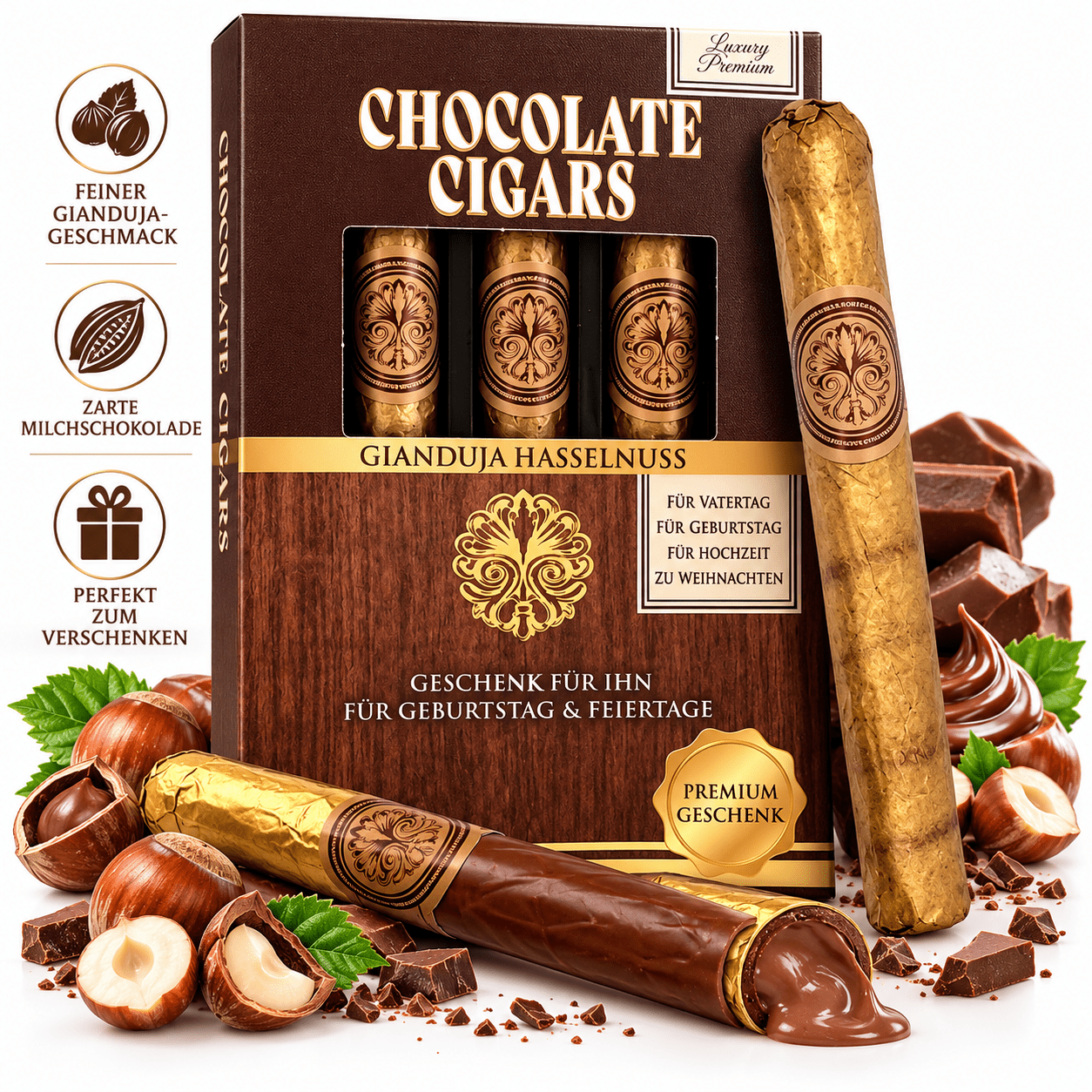 Image of Chocolate Cigars Gianduja Hazelnut 75g Halal 3 Milk Chocolate Cigars – Elegant Chocolate Gift Box For Men, Father's Day & Birthday