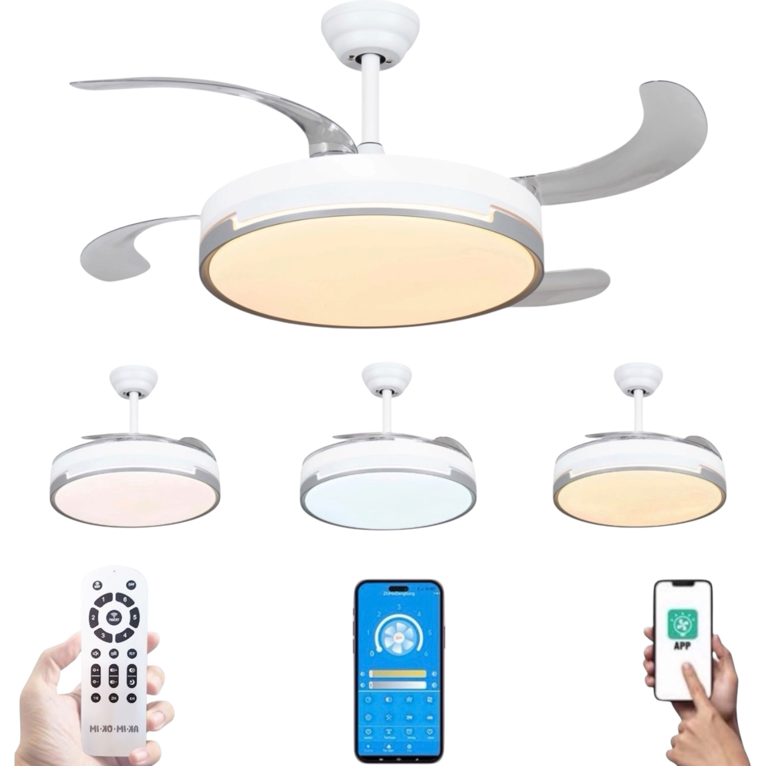 TEMU Ventilador de techo con LED Blanco en 3 Temperaturas de Luz con Mando a Distancia -Motor Eficiente y Silencioso, aspas desplegables retráctiles,