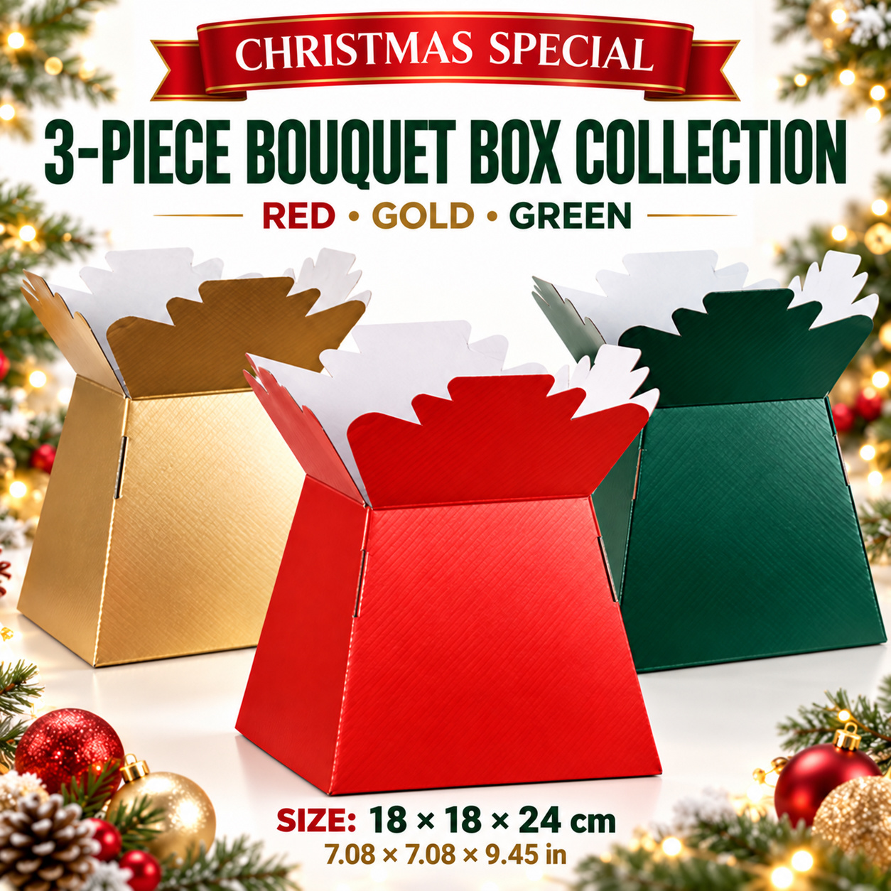 TEMU Christmas Special 3pcs Bouquet Box Collection – 1 Red, 1 Gold & 1 Green Flower Arrangement Box, 18 X 18 X 24 Cm Empty Florist Packaging,