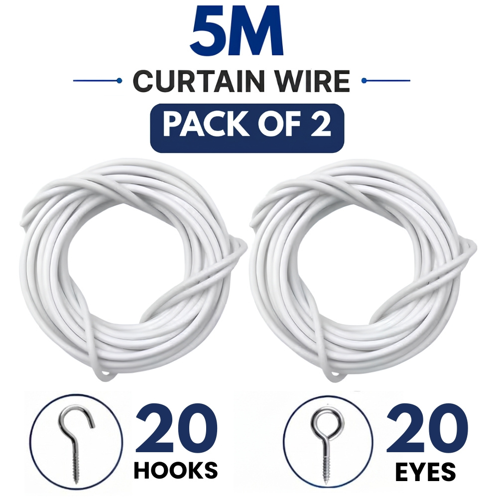 TEMU 2 X 5m Curtain Wires With 20 Hooks And 20 Eyes Included, Adjustable White Pvc Coated Net Curtain Kit For Windows, Wardrobes And