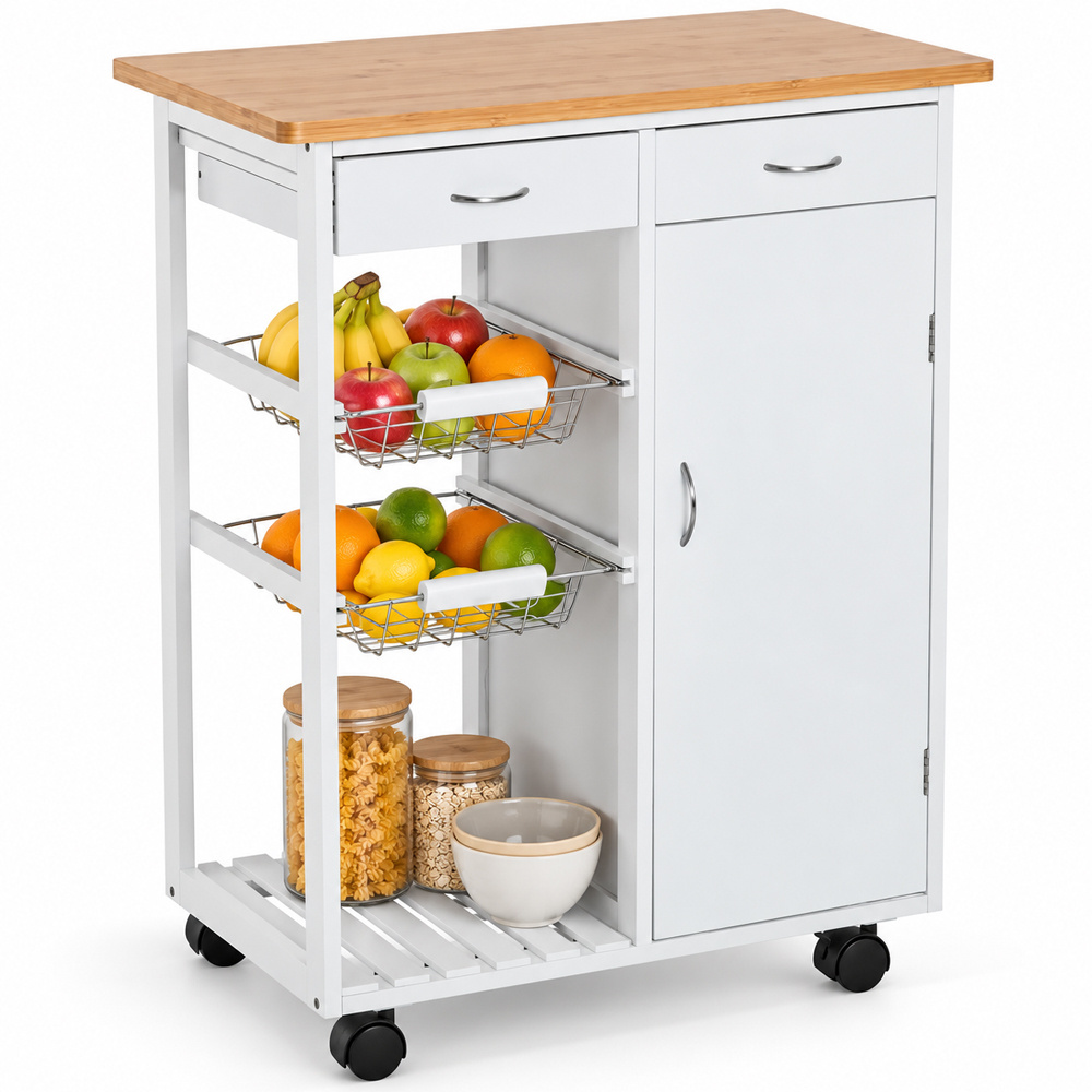 TEMU BAKAJI Carrello da Cucina Salvaspazio in Legno con 2 Portafrutta in Acciaio Cassetti Portaposate Piano d'Appoggio con 1 Anta e 4 Ruote Girevoli