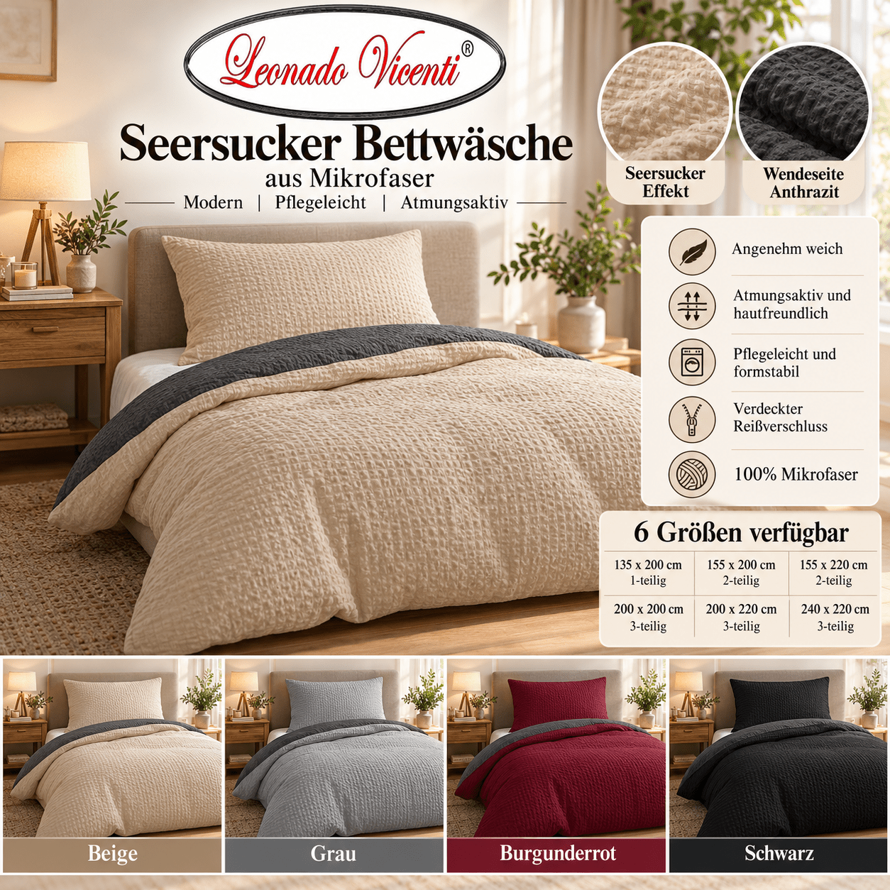 Image of Seersucker Bed Sheet Set Microfiber Single-color With Reversible Side , Bed Cover With Pillowcase 80x80 Cm, Zipper, , Modern, Beige Gray Black