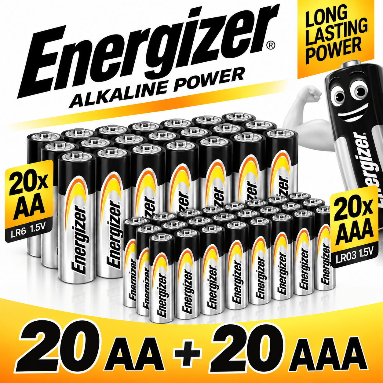 TEMU Energizer Alkaline Power Pilas Alcalinas AA y AAA – Pack de 40 Pilas (20 AA + 20 AAA) – 1,5V – Energía Duradera para Mandos, Juguetes, Relojes y