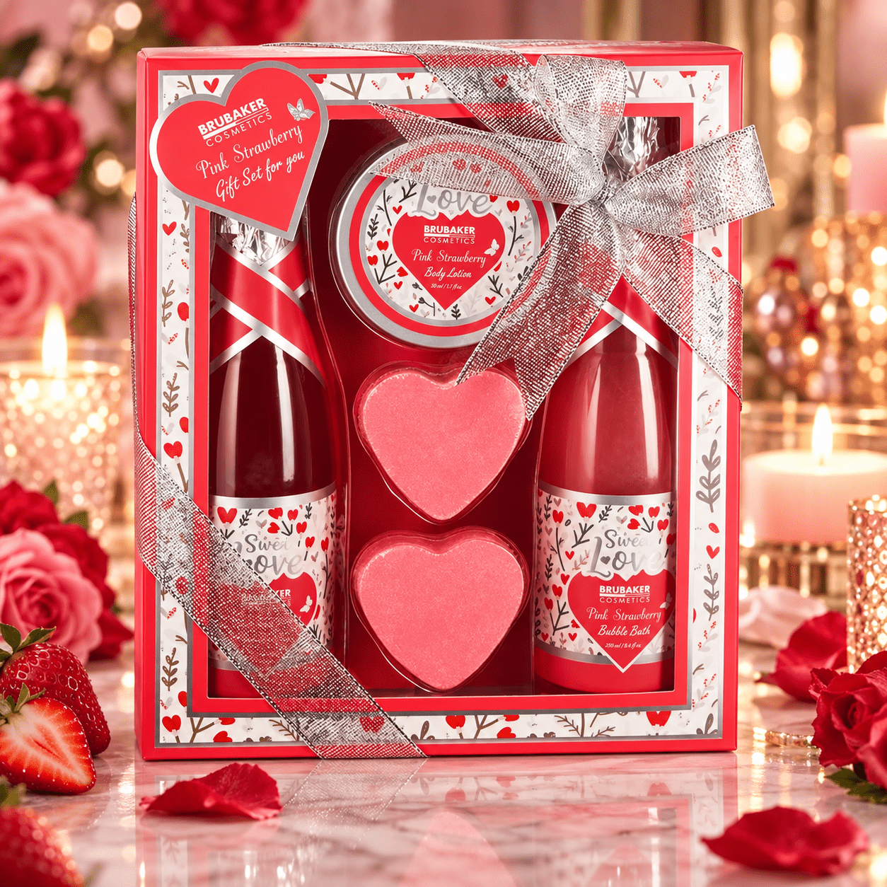 Image of Brubaker Cosmetics 5pcs Bath And Shower Set Strawberry - Care Set Gift Set With - Gift Idea For Women And Men - Pink