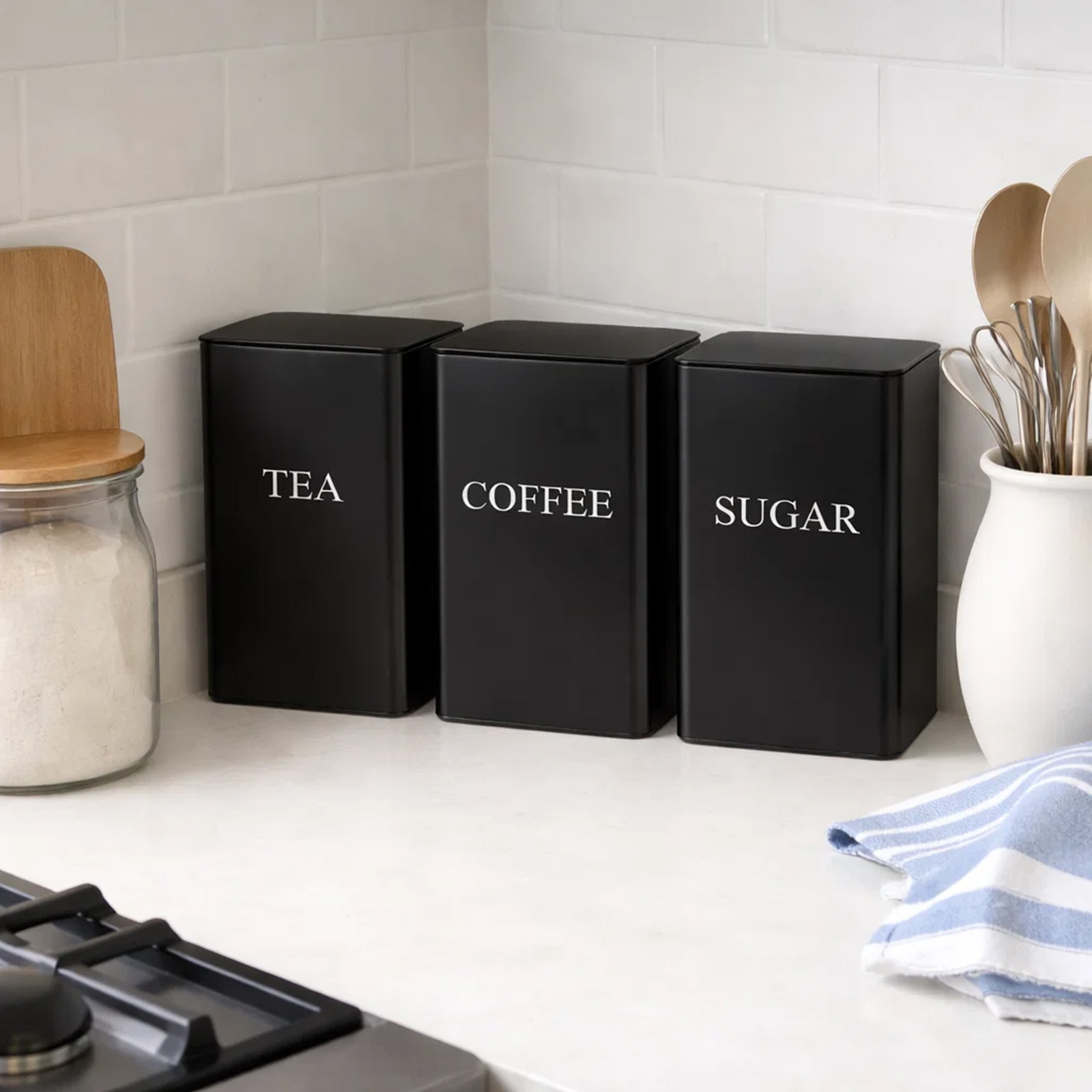 Image of 3pcs Countertop Storage Set (tea, Coffee, Sugar) – Airtight Metal Cans With Swing Top, Modern Kitchen Set
