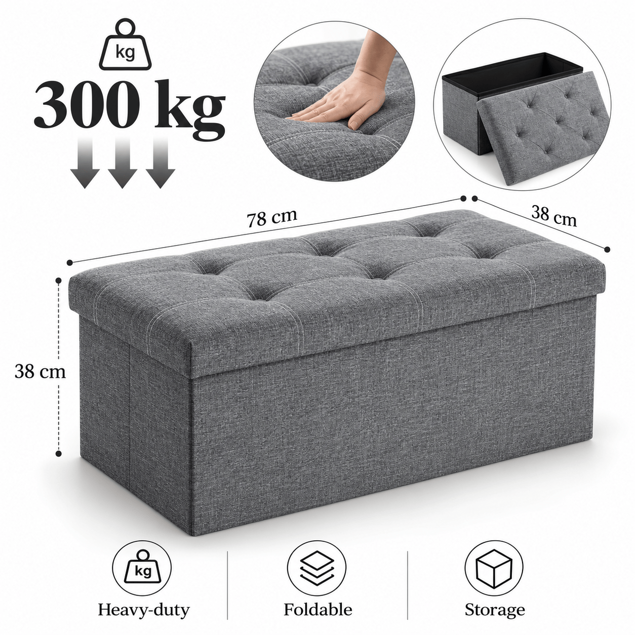 TEMU Large Puff With 80l Storage Foldable Box For Toys Clothes Blankets Seat Footstool 3in1 Upholstered Spacious Bench For Living Room Bedroom Hall