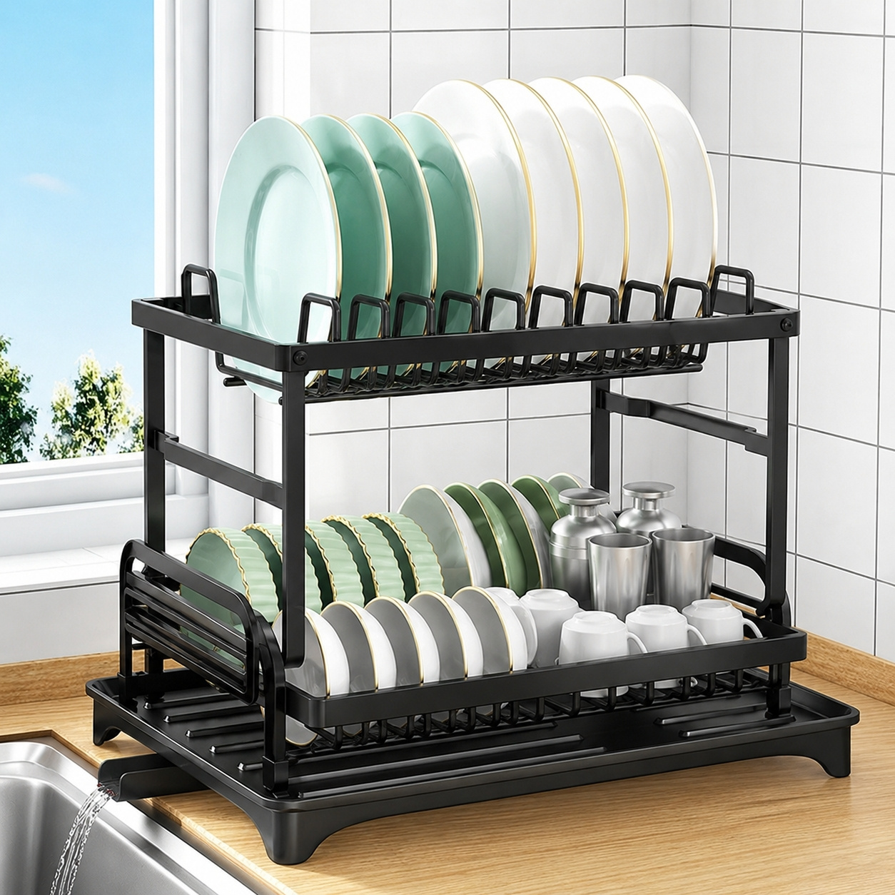 TEMU Escurridor de platos de 2 niveles para encimera de cocina, estante multifuncional para secar platos, organizador de platos de cocina de metal de