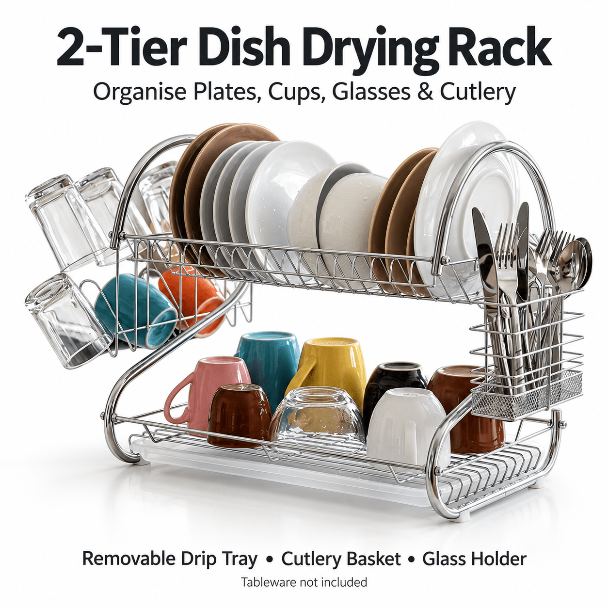 TEMU 2-tier Dish Drying Rack With Removable Drip Tray, Cutlery Basket And Cup Holder – Kitchen Countertop Dish Drainer – Silver Colour, 43 × 25 × 39