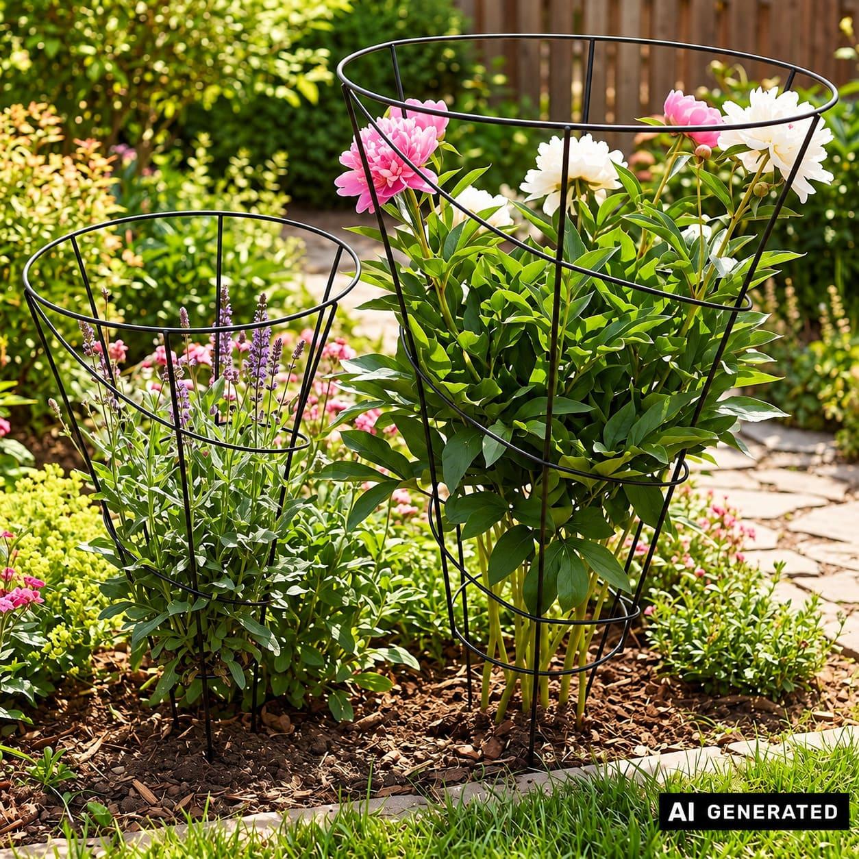 Image of 2x Perennial Support "funnel" Plant Stake, Metal, Black, Round, 63 + 80 Cm Tall, Shrub Support, Climbing Aid