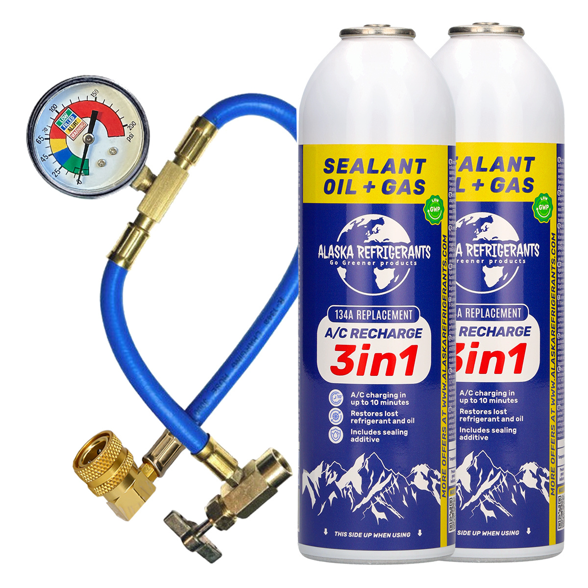 Image of Double Kit – 3in1 Alaska Refrigerants R134a Replacement Refrigerant With Pag 100 Oil And Sealer + Hose And Gauge
