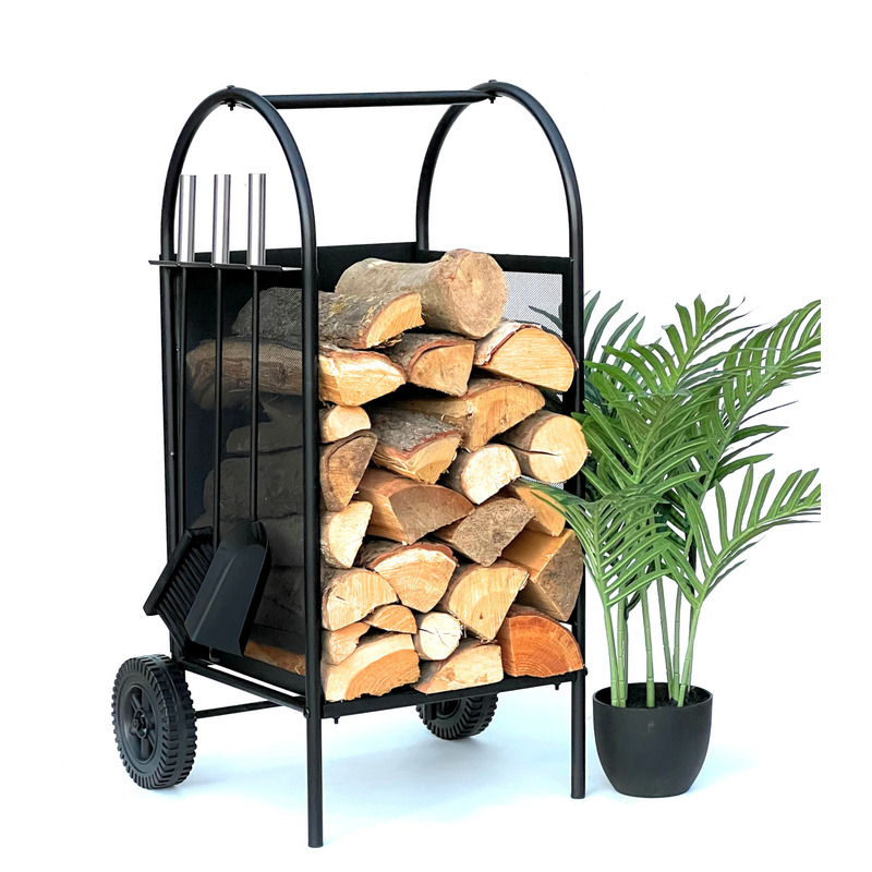 Image of Black Metal Firewood Rack With Fireplace Tools And Wheels, Mobile Firewood Stand, Firewood Cart, , Firewood Holder