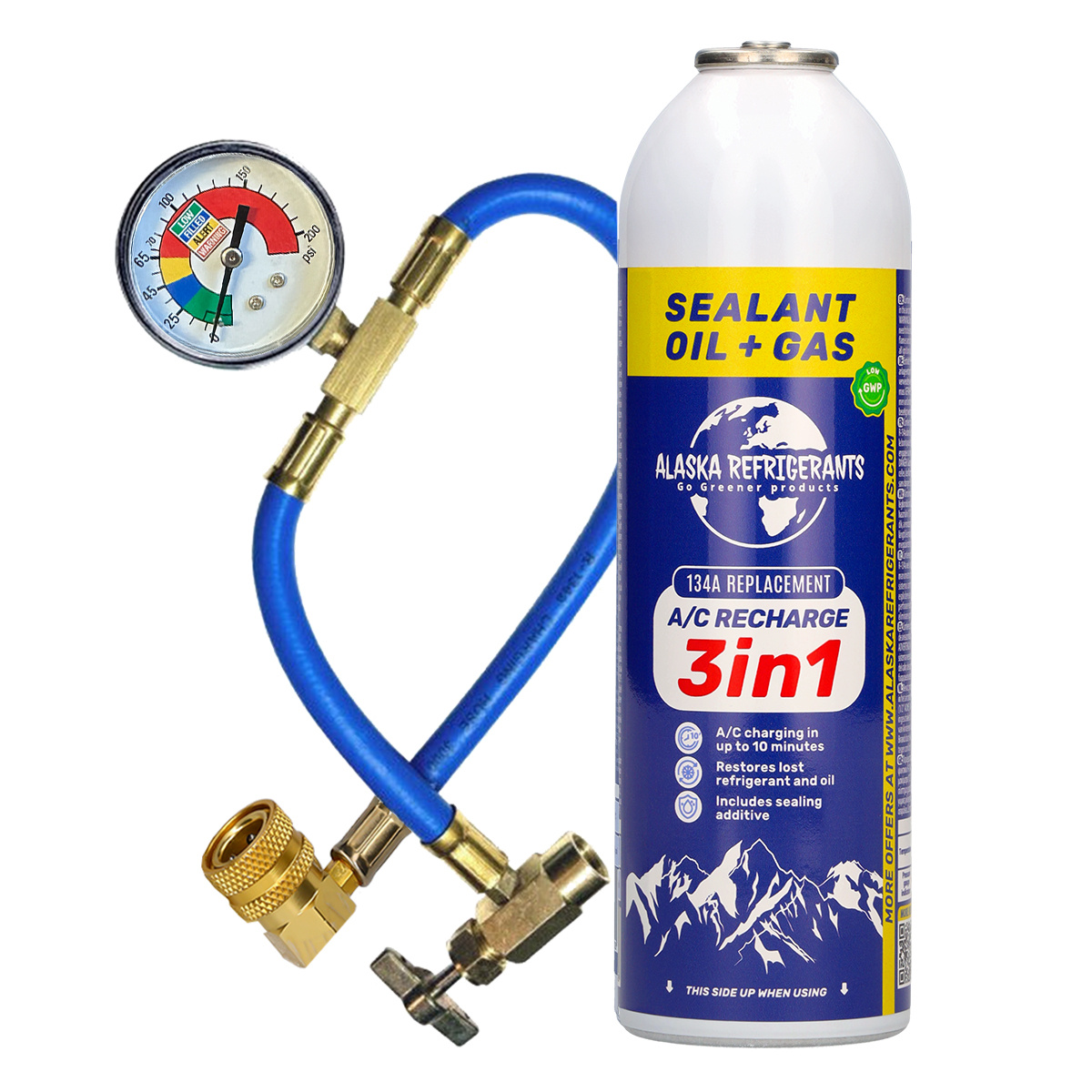 Image of 3in1 Alaska Refrigerants R134a Replacement Refrigerant, Pag 100 Oil, Sealer + Hose And Gauge