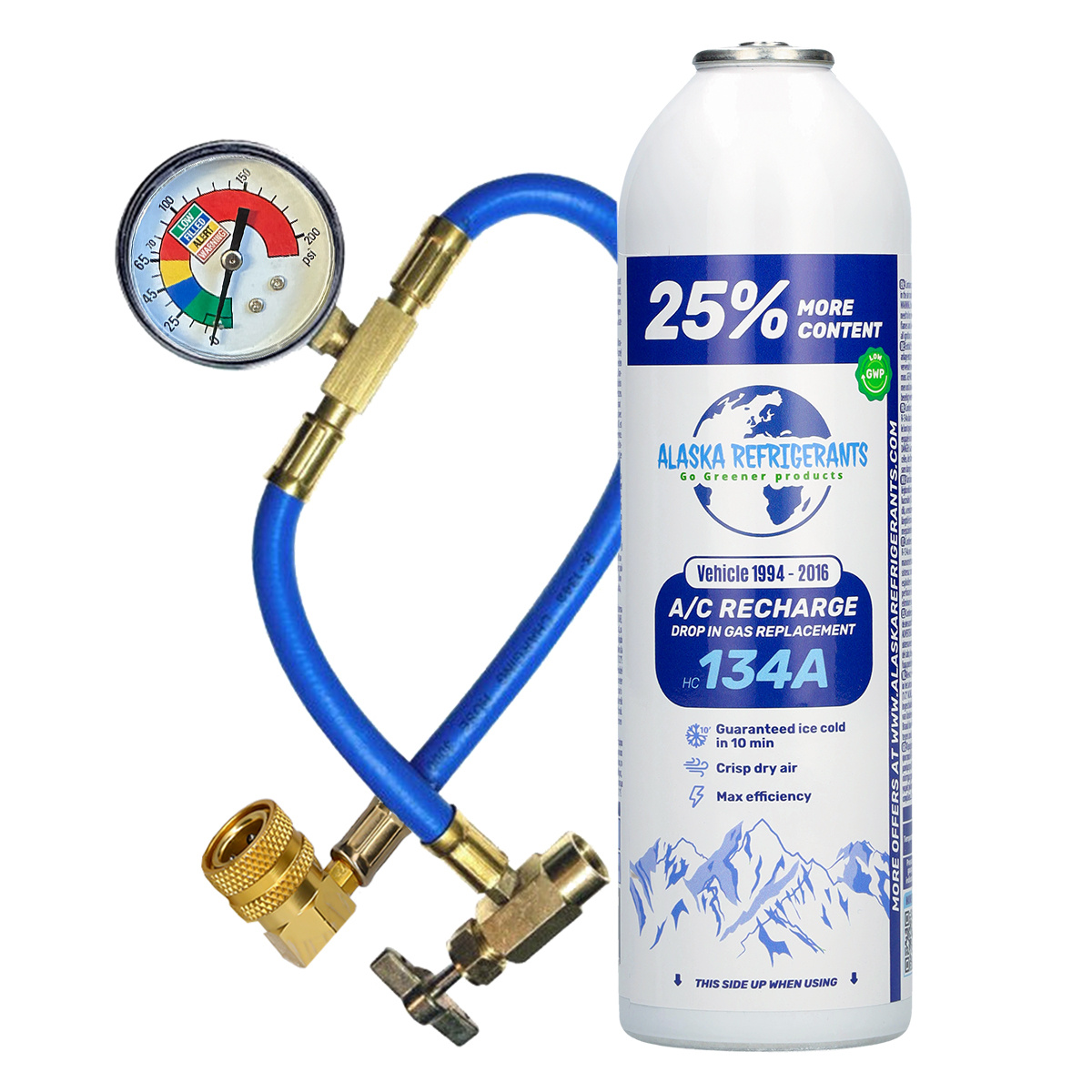 Image of Home Kit – Alaska Refrigerants R134a Replacement Refrigerant For Vehicles + Hose And Gauge