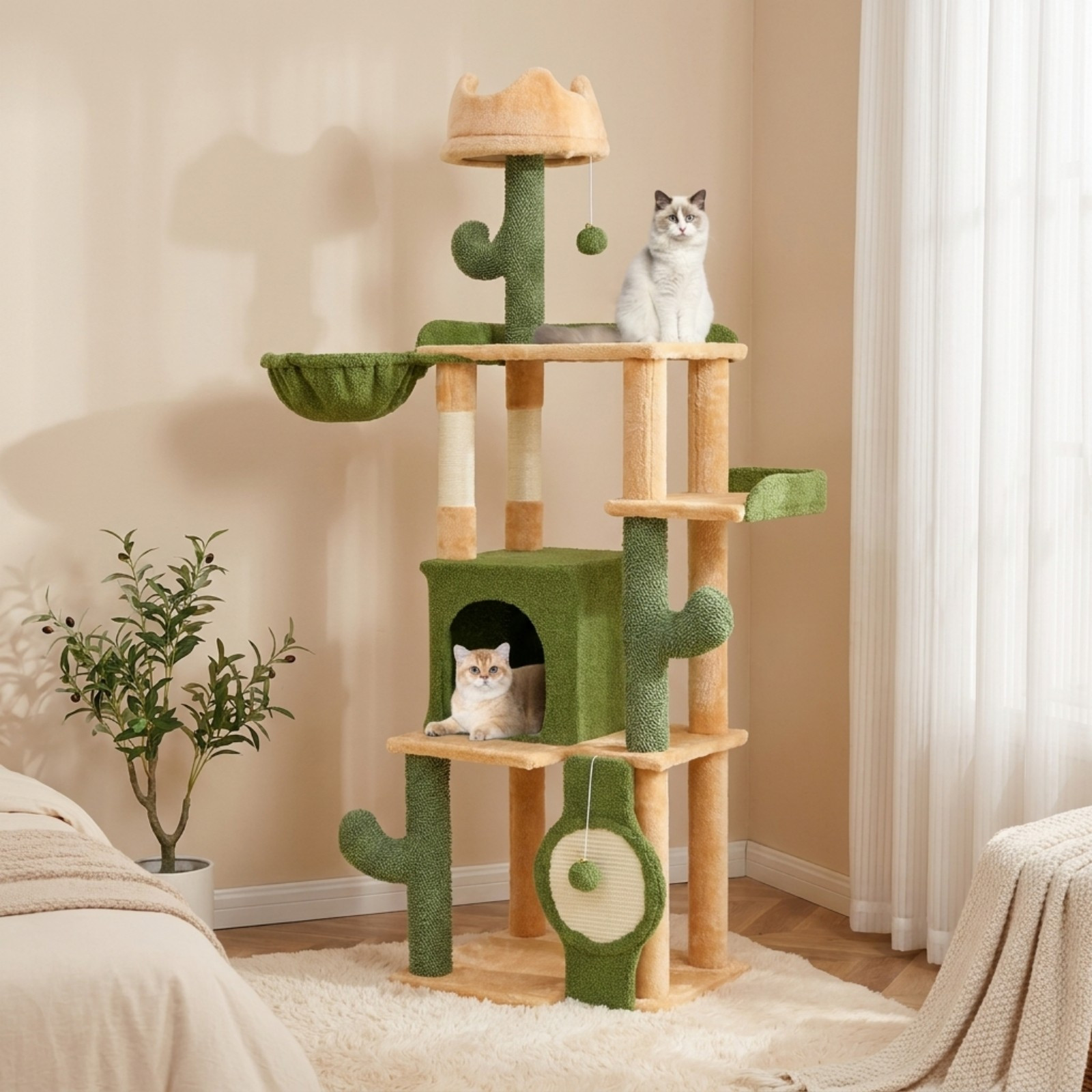 Image of 160 Cm Cactus Cat Tree For Indoor Cats, Multi-level Large Cat Tower W/ Sisal Scratching Posts & Board, Condo, Padded Perches, Hanging Toys, Basket Bed, Platforms, Modern Kitty Activity Center