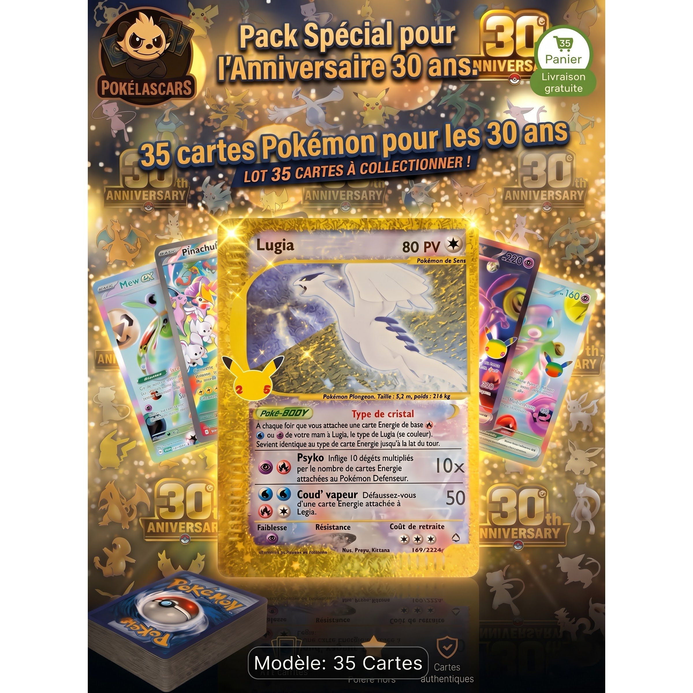 TEMU Pack Spécial Anniversaire 30ans. Lot de 35 cartes dont 15 Brillantes Officielles Neuves avec 0 , 0 Energie et 0 cartes Dresseur. Cartes idéal
