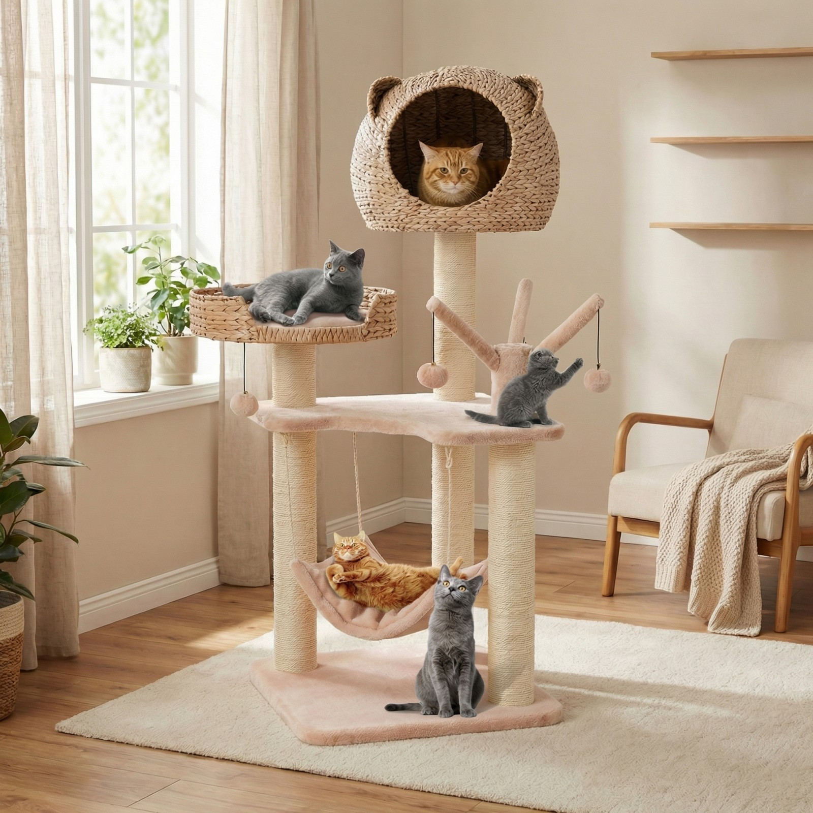 Image of 121 Cm Tall Cat Tree Tower, Kitten Activity Center With Fluff Cat Condo, Large Bed, Hammock, Rotatable Hanging Balls, Sisal Scratching Posts, Cushions, Cat Tree For Indoor Cat