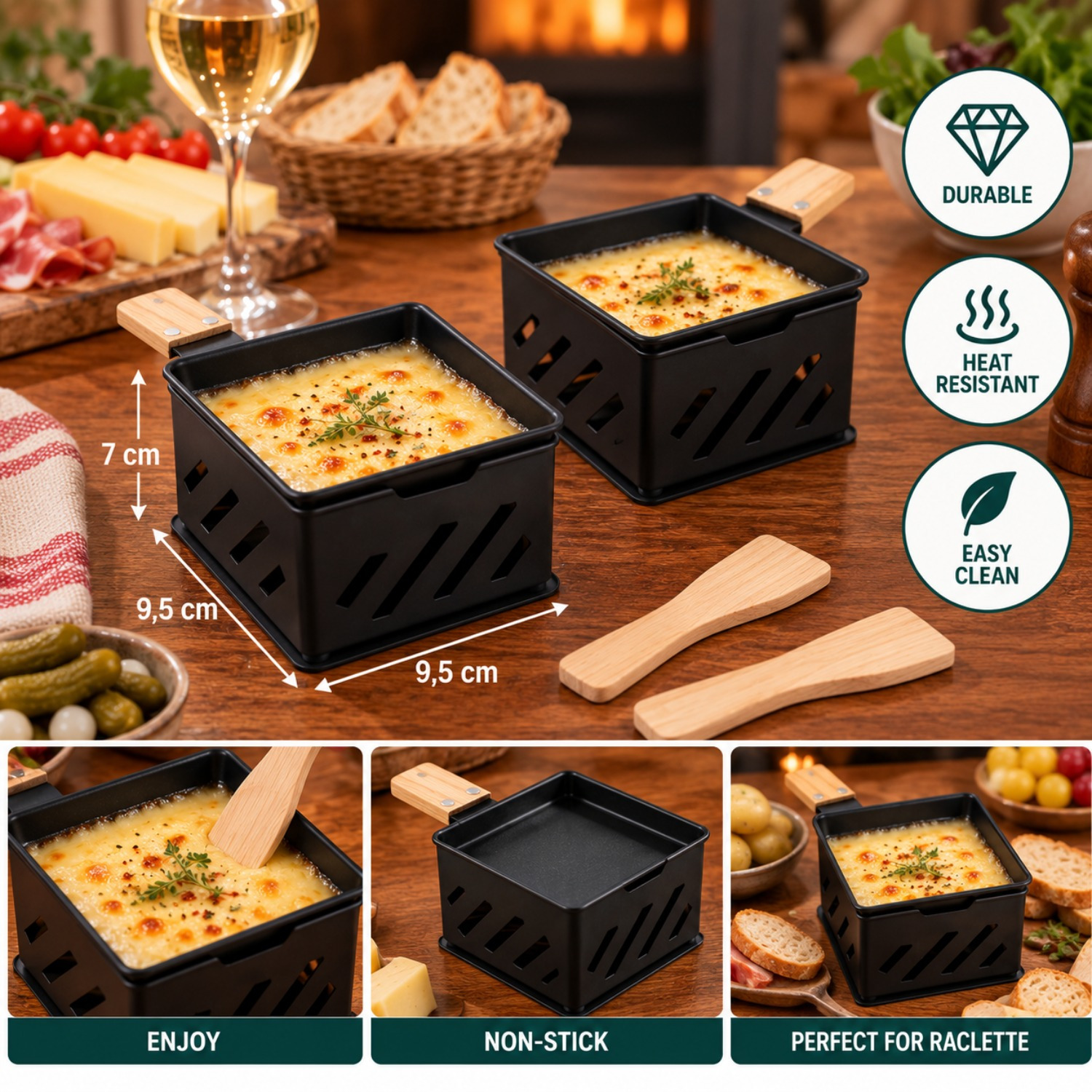TEMU Lot de 2 appareils à raclette individuels à bougie avec 2 poêlons amovibles et 2 spatules en bois, mini raclettes de table en métal noir pour