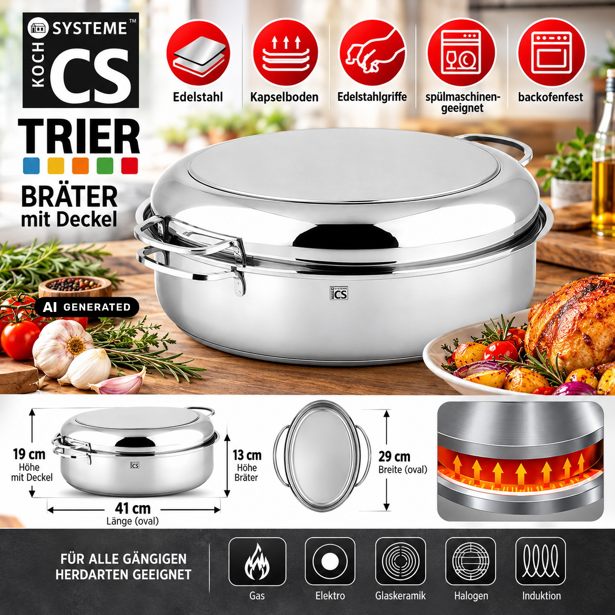 Image of Carl Schmidt Sohn Oval Roasting Pan, Stainless Steel Roasting Pot 41 X 29 X 13 Cm, Series With Lid, Induction-compatible, Dishwasher-safe, Oven-safe, Oven Pot, Induction Cooking Pot, Induction Roaster