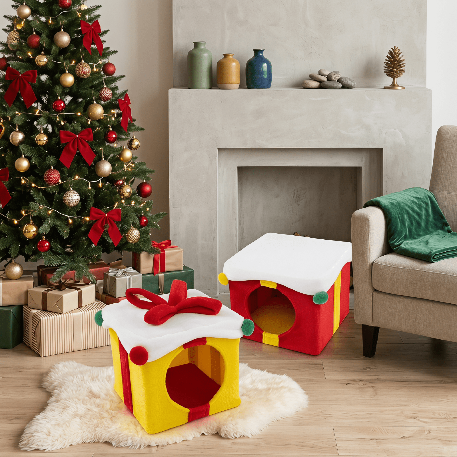 Image of 2-storey Cute Christmas Cat House, Stackable 2 Gift Box Shaped Kitten Condos With Bow, Indoor Cat Furniture With 2 Condos, Modern Warm Cat Bed Hideaways For Large Kitties Small Pet