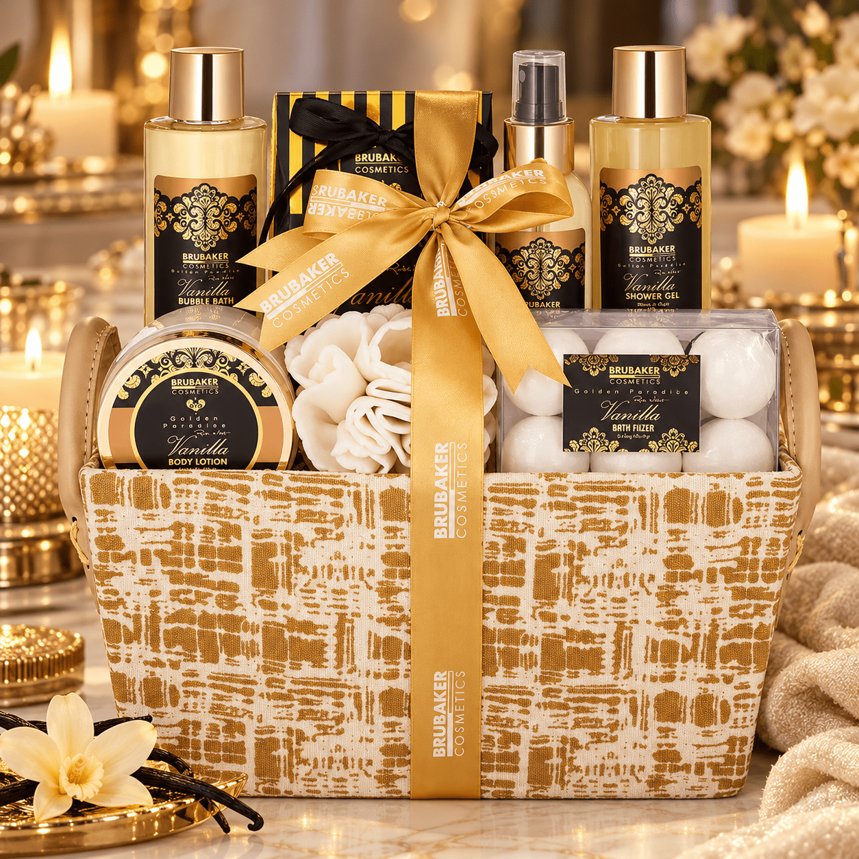 Image of Brubaker Cosmetics Bath And Shower Set - Golden Paradise - Beauty Bath Set With Vanilla Mint Scent - 8pcs Gift Set In Handle Box - Gift For Women