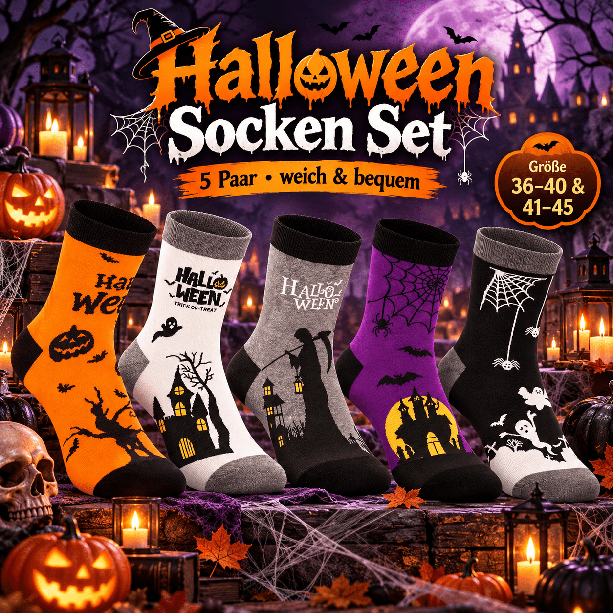 Image of Brubaker 5 Pairs Of Halloween Socks - Funny Socks With Pumpkin, Reaper & Spiders