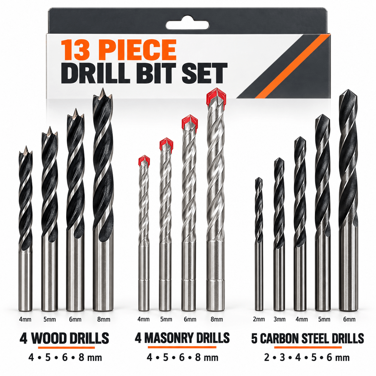 TEMU 13pcs Drill Bit Set 4 Wood Drills, 4 Masonory Drills & 5 Carbon Steel Drills