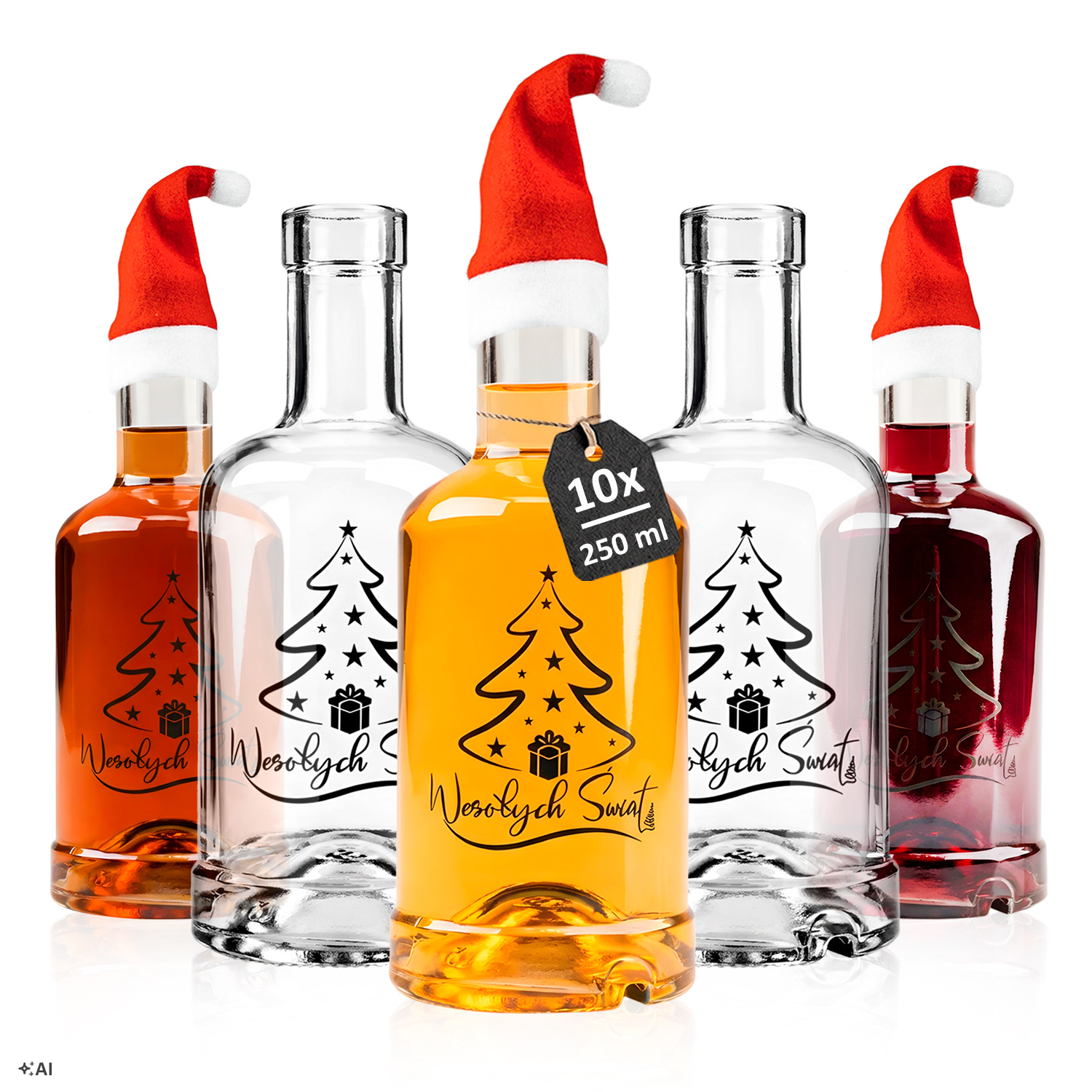 Image of 10-piece Set Of 250ml Glass Bottles With "merry Christmas" Print By , Including Corks + 10 Santa Claus Caps For Liqueur, , Vodka, And Moonshine