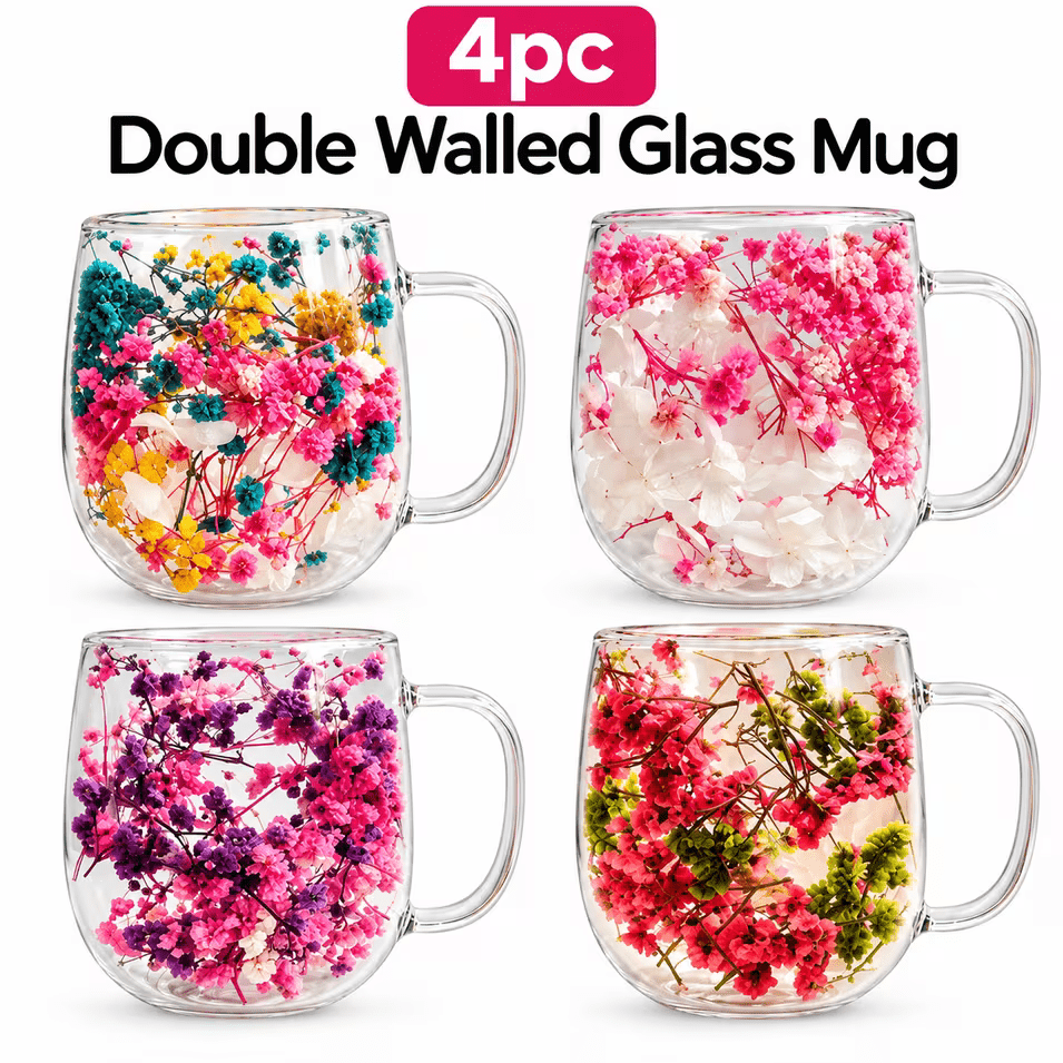 TEMU 200ml 4pcs Set Of Double Walled Glass Cup Dried Flower Insulated Coffee Tea Mug With Handle Mug Gift Set