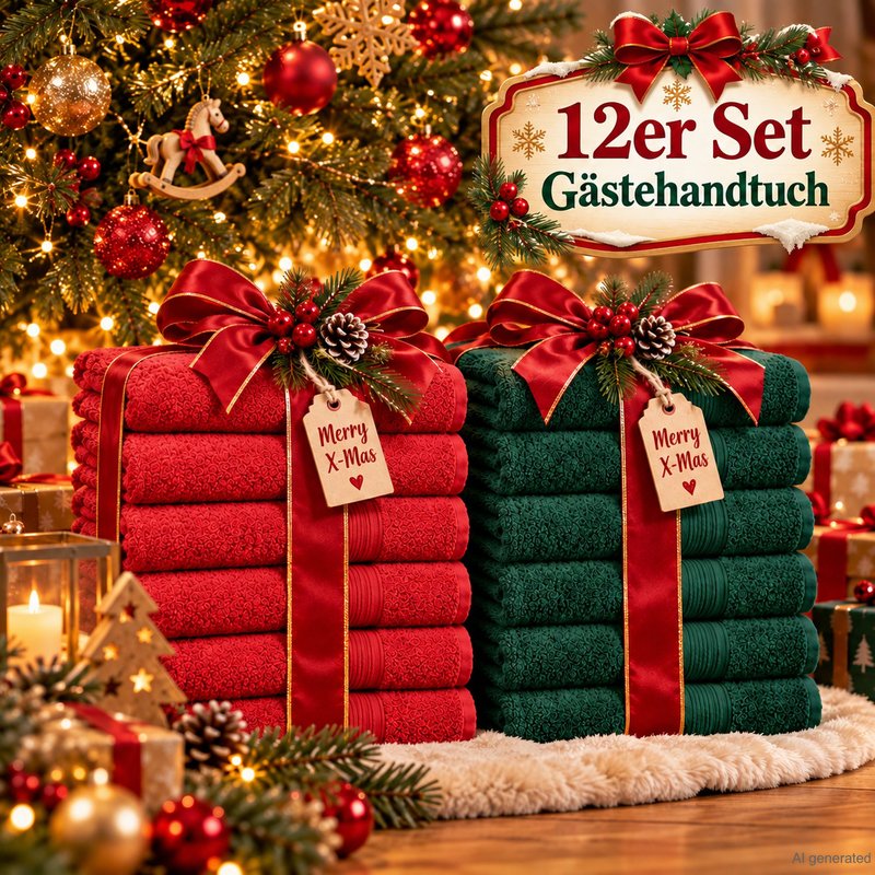 Image of 12-piece Set Christmas Guest Hand Towels 30 X 50 Cm – 100% Cotton, Terry Towels, 500 G/m², Dark Green & Red, & Durable, Soft & Absorbent, Local Stock