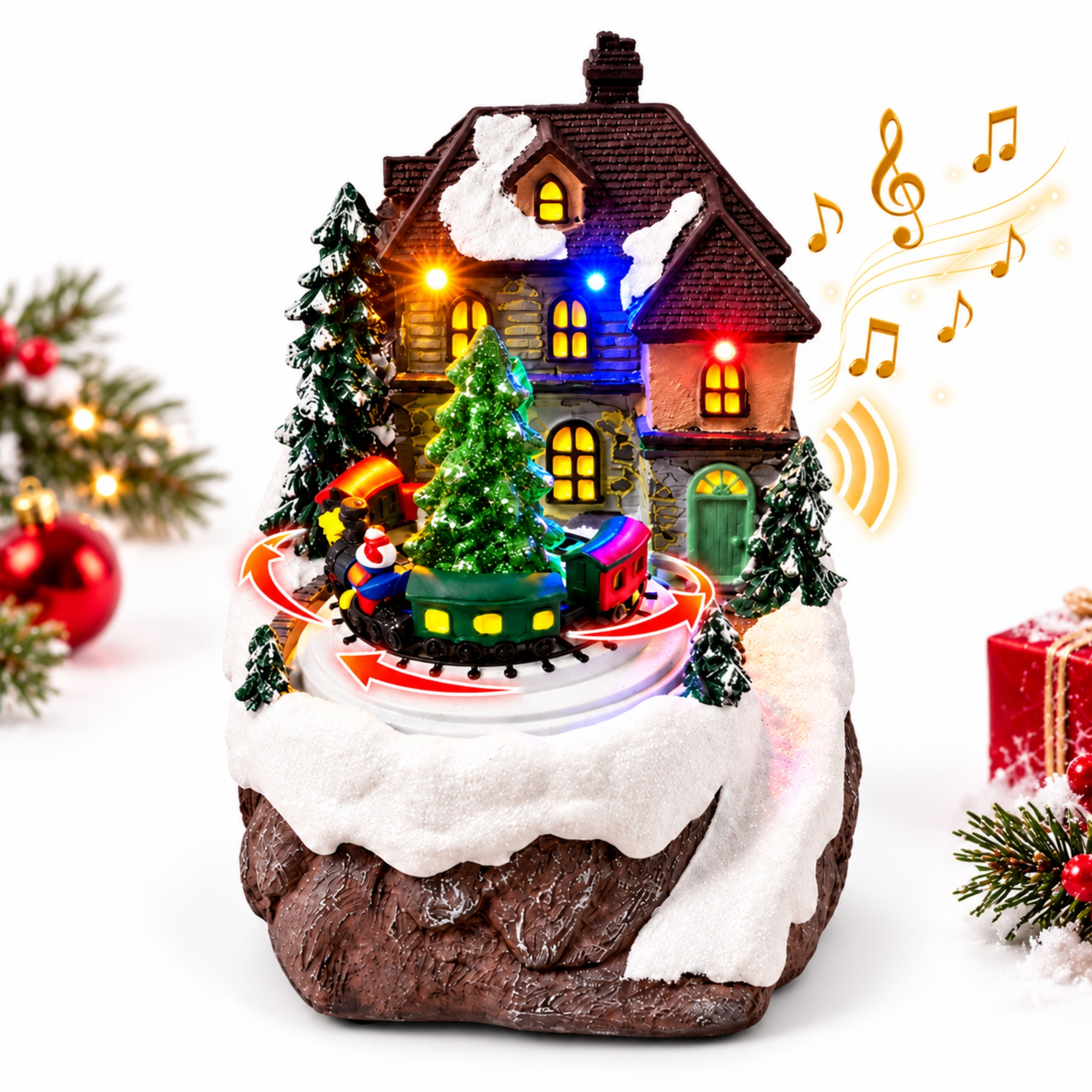 TEMU Adeptna Light Up Rotating Musical Christmas Train & Decoration With Colourful Led Lights, Moving Miniature Train, Snowy House & Festive Figures,