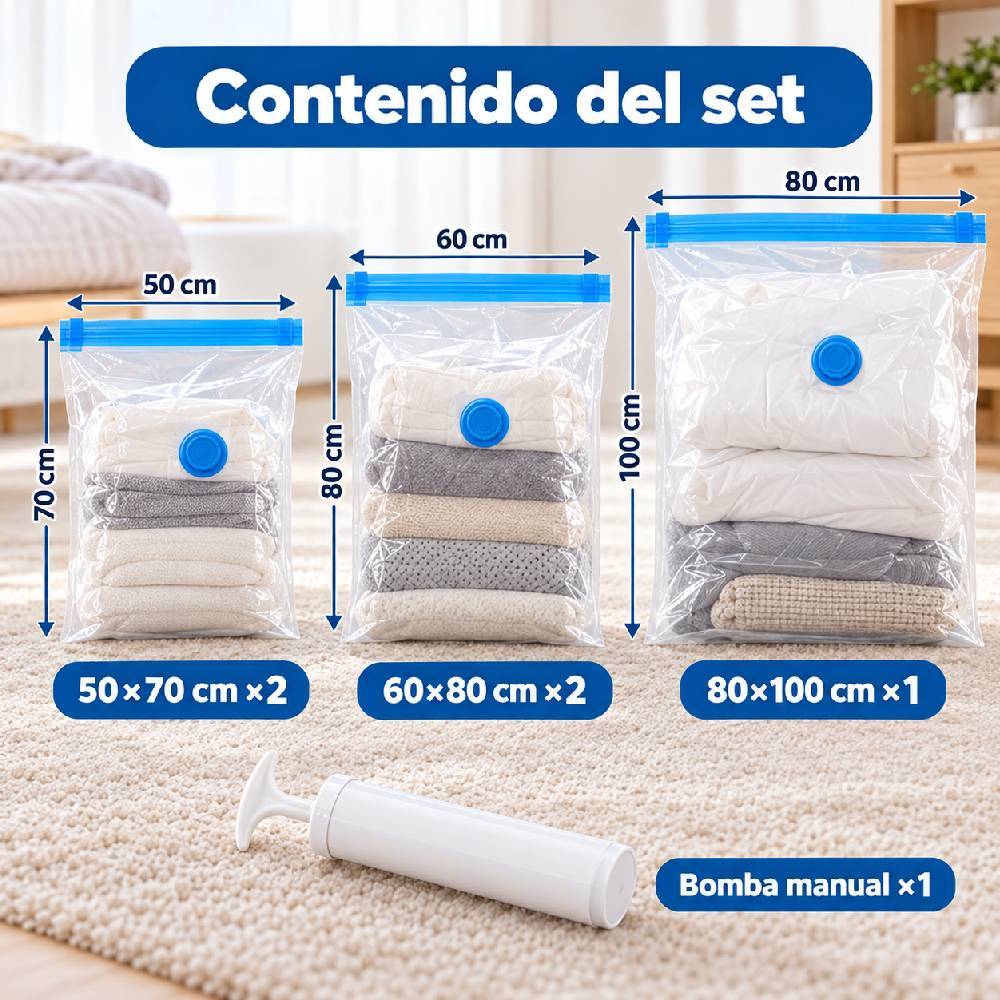 TEMU Juego de bolsas de almacenamiento al vacío | 5 bolsas de almacenamiento al vacío y 1 bomba de aire | Tamaños: 50×70 cm (2), 60×80 cm (2), 80×100