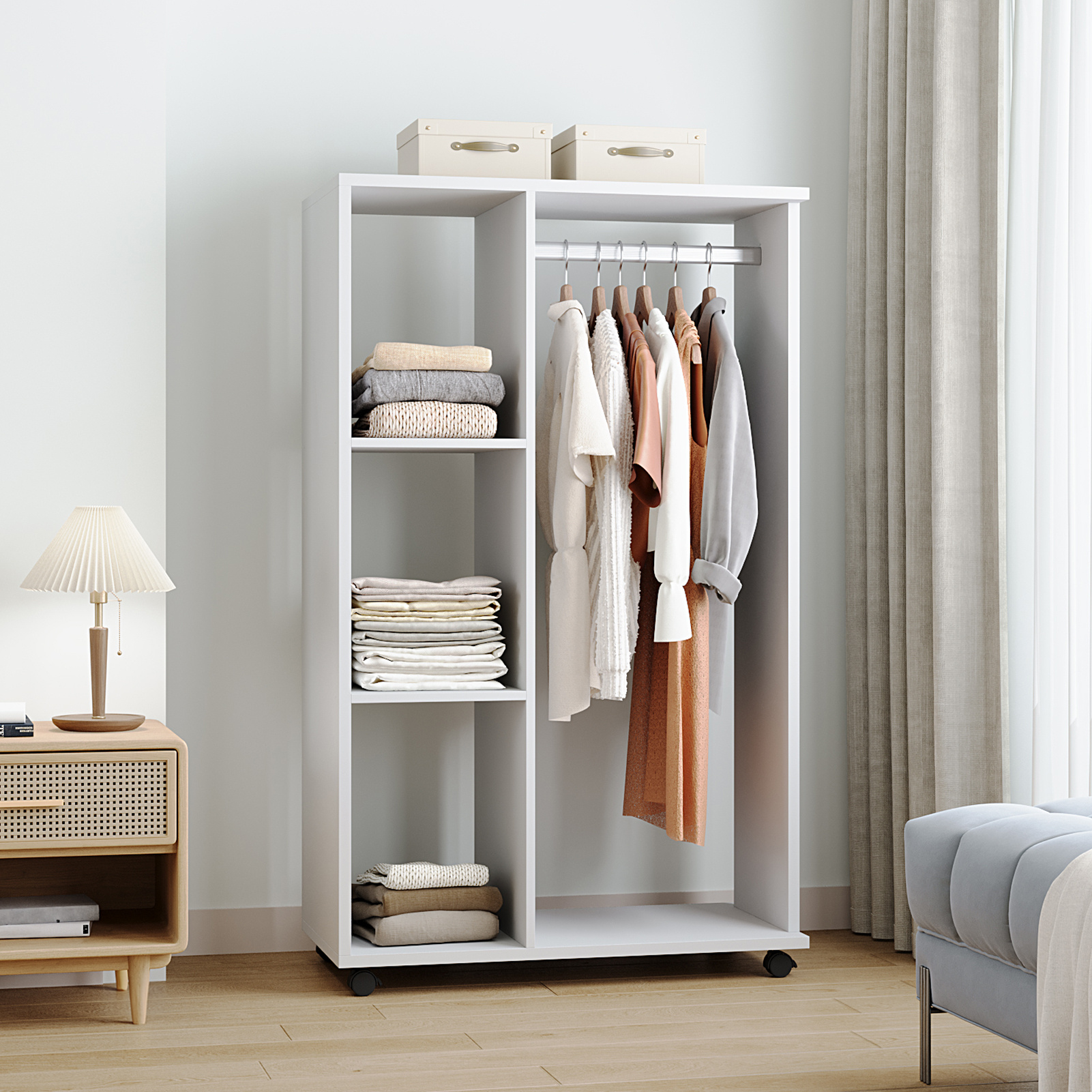 TEMU White Wooden Wardrobe With Clothes Rod, Portable Multipurpose Wardrobe With Wheels, Portable Removable Open Coat Rack For Home Use With 3 Side