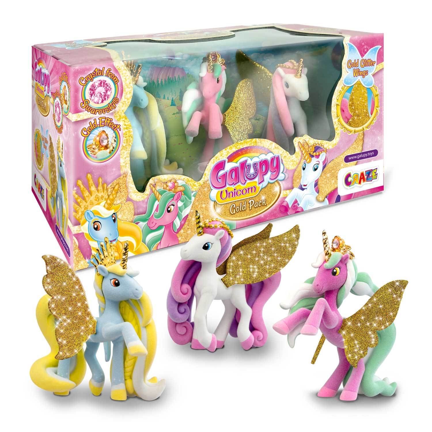Image of Unicorn Gold Pack – 3 Unicorn Figures With Golden Glitter Wings & Sparkling Crystals – Unicorn Collectible Figures For Kids – Gift Set With Viewing Window
