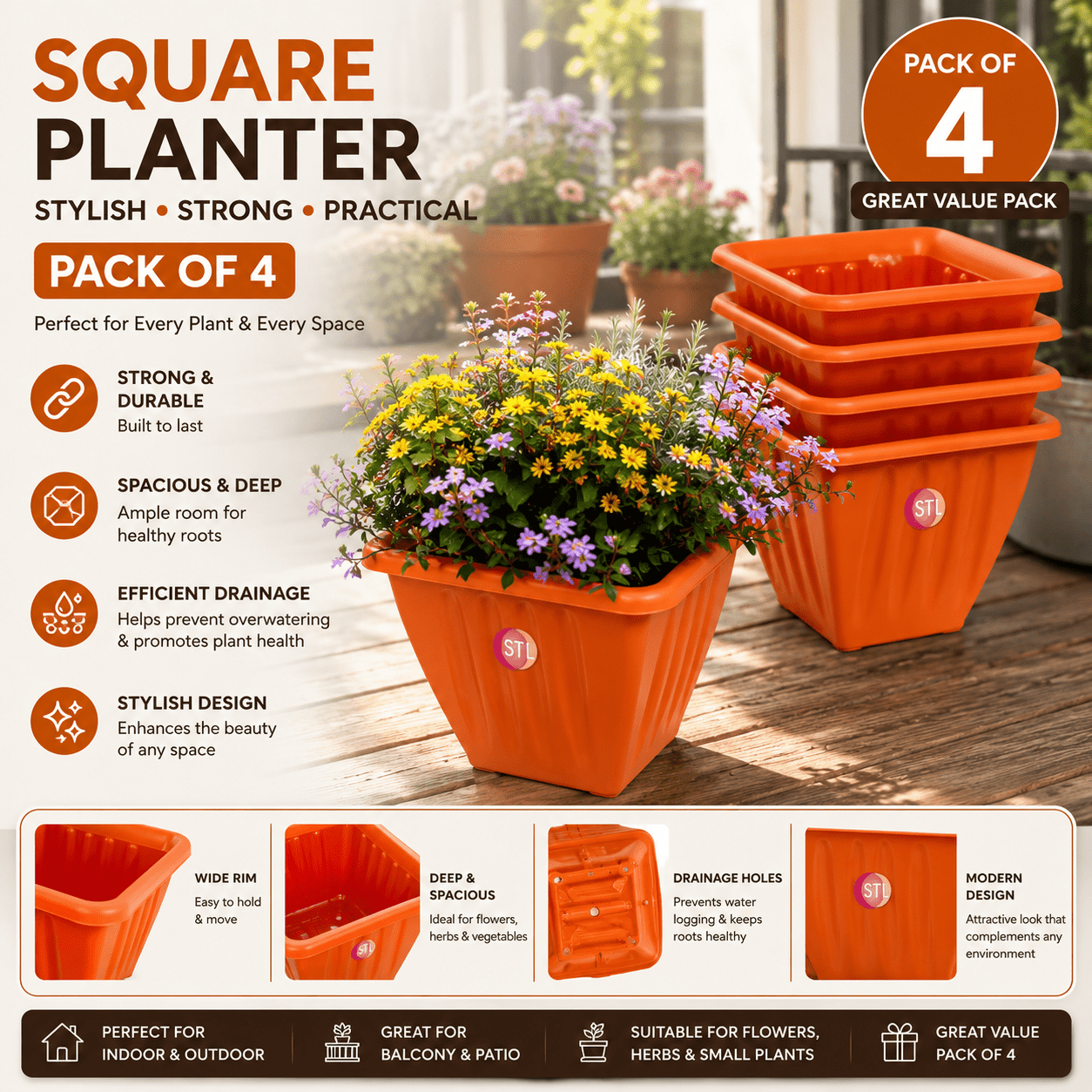 TEMU Stl 4 Pcs Semi Square Shape Plastic Plant Pots Nursery Pots With Drainage Holes Lightweight, Flexible & Durable Flower Pots For Seedlings, ,