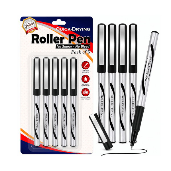 TEMU Pack Of 5 Roller Pens Black Ink, Writing Quick-dry No No Bleed Gel Rollerball Pens For Office, School, Exams, Journaling & Daily Use