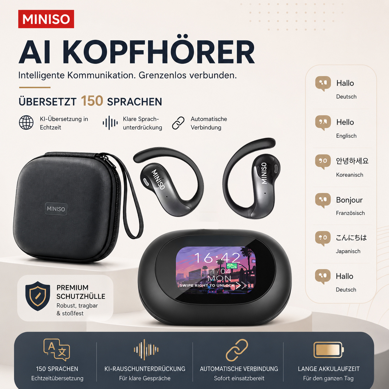 TEMU Miniso Ms188 New Ai Intelligent Translation Wireless Bluetooth Headset, Wear Headset Case, Led Touch Display + Portable Receiving Headset Case